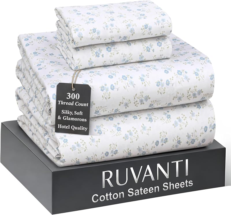 RUVANTI 100% Cotton Sateen Sheets California King Size, Blooming Stamp | Hotel Luxury Softness, 300 Thread Count, Deep Pocket, 14 Fit, Cooling Bedding, 4 Pieces