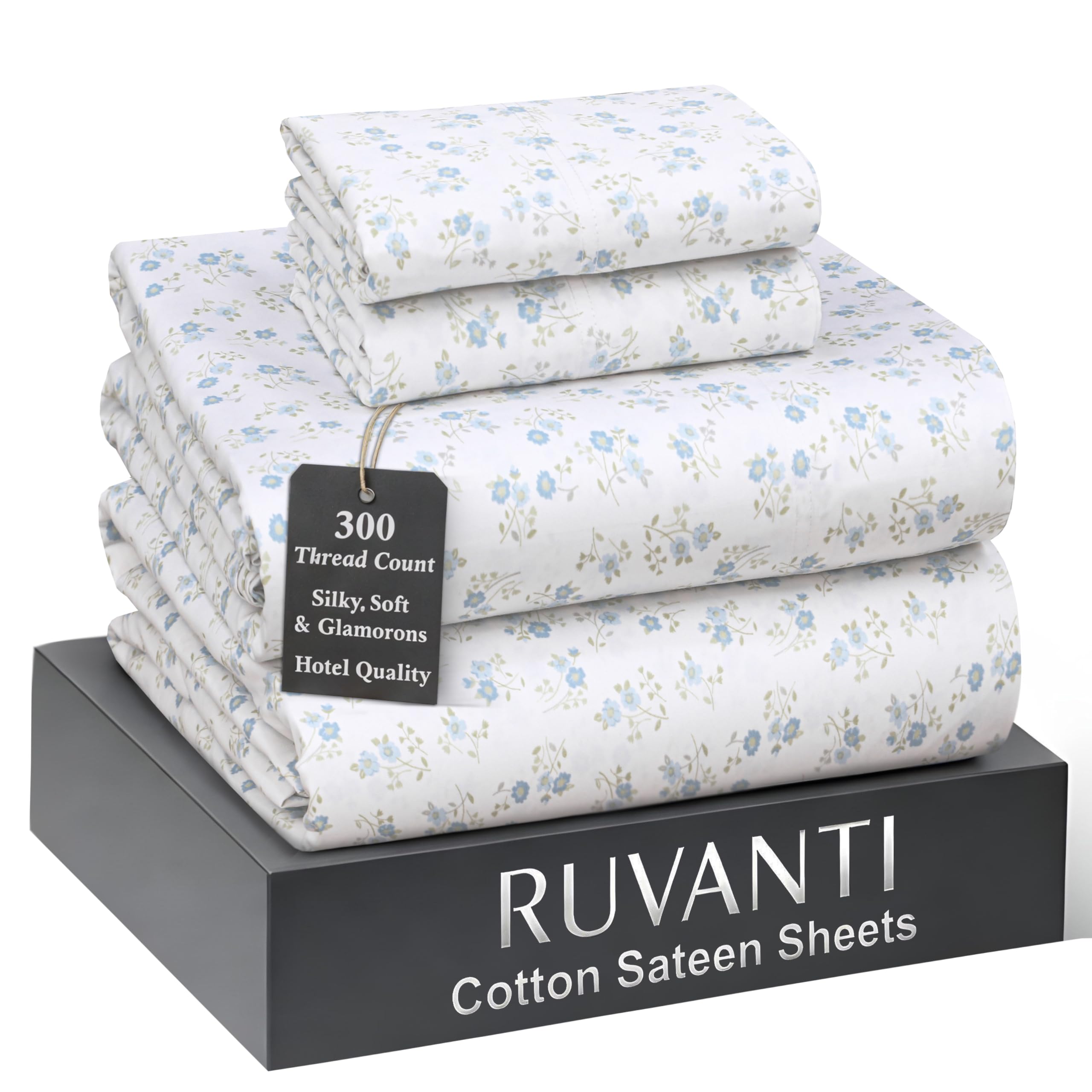 RUVANTI 100% Cotton Sheets King Size Bed Set - 300 Thread Count Silky Soft Sateen Weave, Cooling, Lightweight & Breathable, 16" Deep Pocket, Durable &