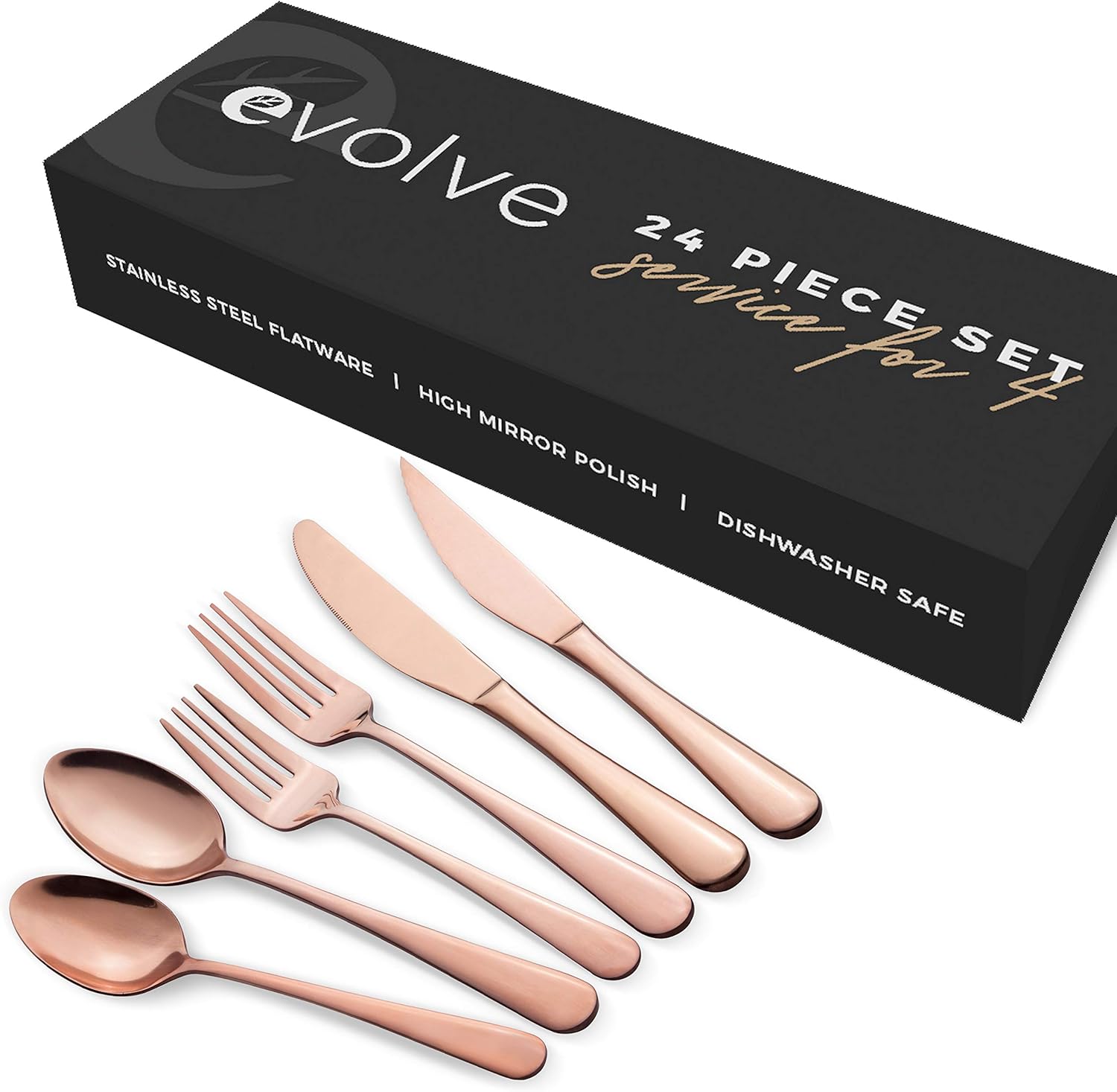 evolve 18/8 stainless steel silverware set for 4 - complete 24 piece flatware cutlery set - dishwasher safe - mirror finish, rust-proof utensil sets- ideal for home restaurant wedding(rosegold)
