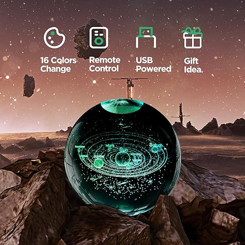 Miniatura 4 de Luz nocturna de bola de cristal con sistema solar 3D con base LED de madera de 16 colores mejorada de 3.15 pulgadas, lámpara de bola de planetas