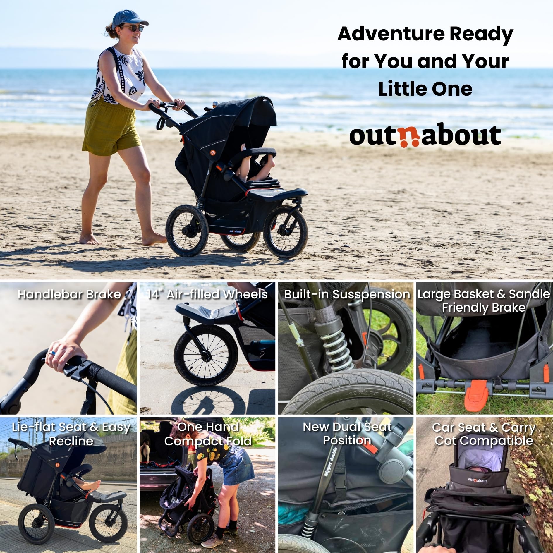 Out'n'About - Passeggino Nipper V6 Plus con parapioggia, leggero e fuoristrada, con ruote da 35,6 cm, freno al manubrio e pieghevole compatto, passeggino certificato per neonati e bambini, colore