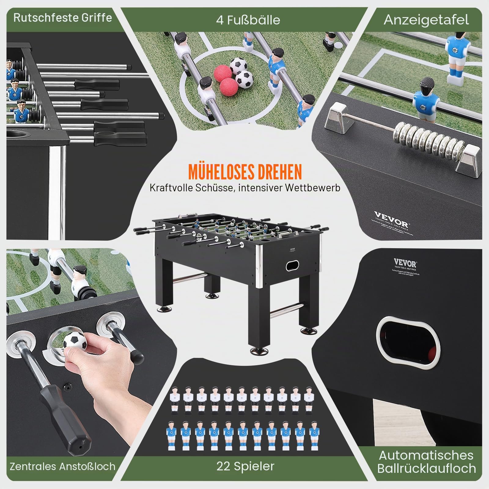 VEVOR Kickertisch – 139,7 cm Standardgröße, volle Größe für Zuhause und Spielzimmer – Fußball-Set mit 4 Bällen und 4 Getränkehaltern
