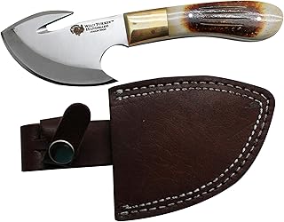 Wild Turkey Handmade Collection Full Tang Fixed Blade Gut Hook Skinner Knife w/Leather Sheath. (Burn Bone) - Wild Turkey Handmade