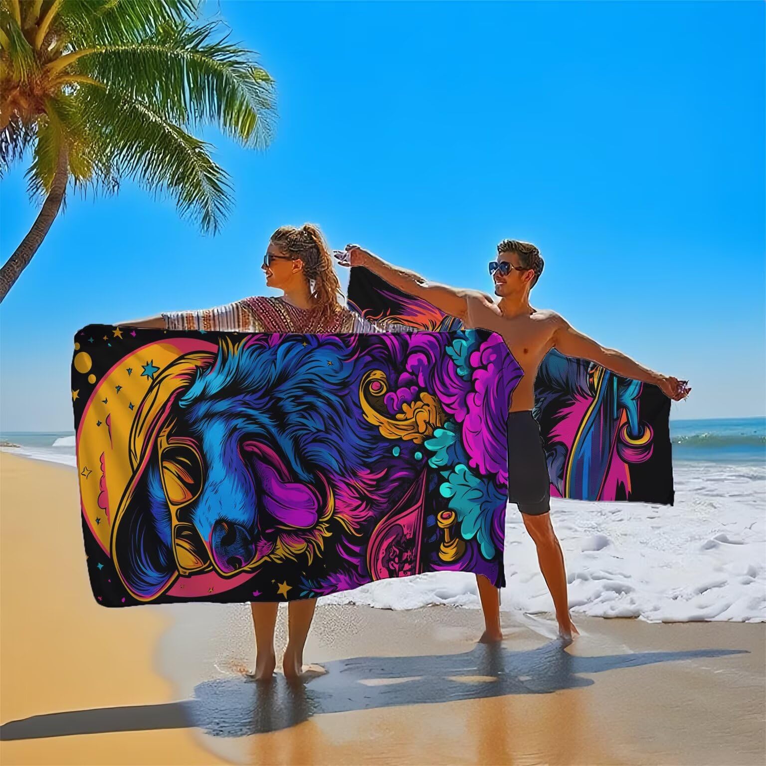Ręcznik plażowy 220 x 100 cm Zwierzę Duży ręcznik z mikrofibry Zestaw 2 Zachód Słońca Wzór Chłonny Szybkoschnący Ręcznik Plażowy, Lekka Mata Przeciwpiaskowa dla Kobiet Mężczyzn Pływania, Model375