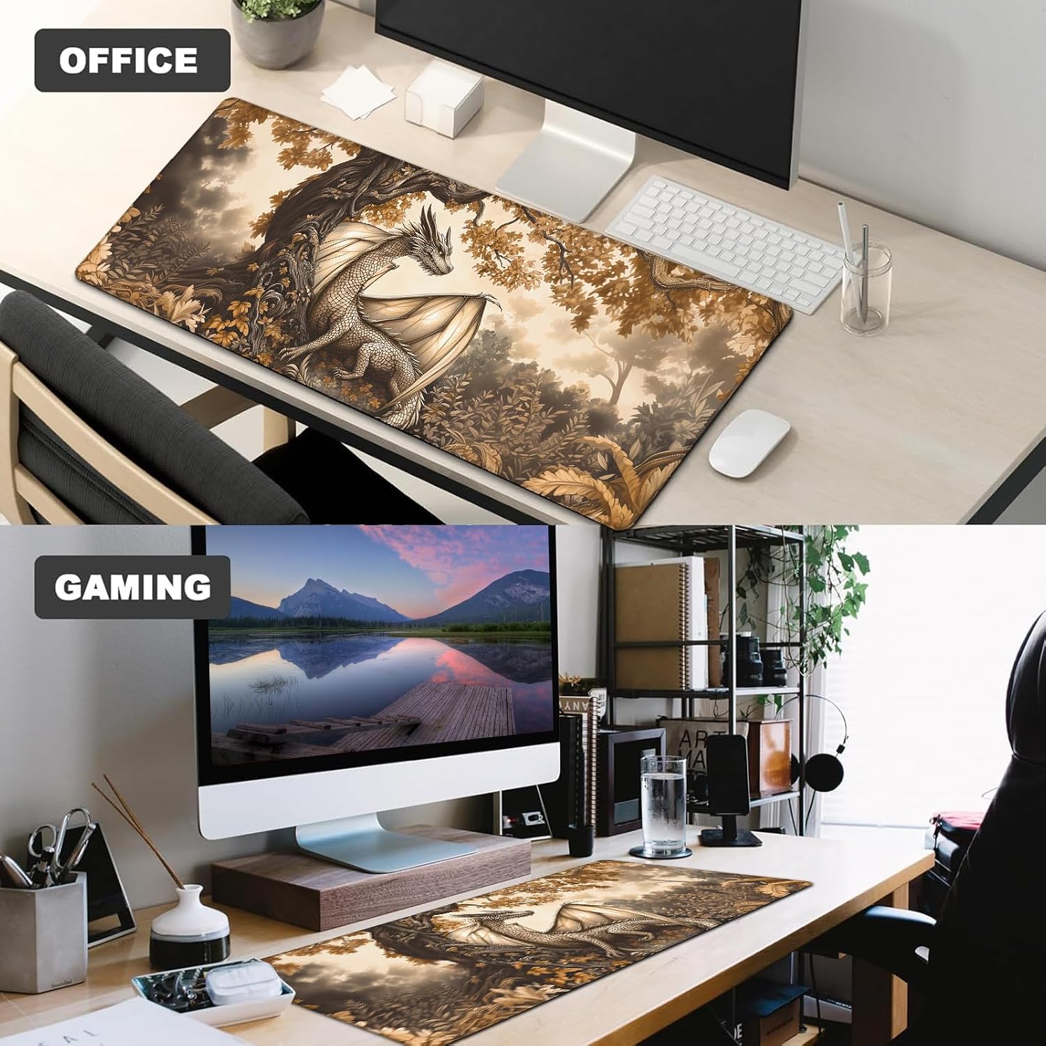 Autumn Dragon Gaming Mouse Pad,12x31.5in Non-Slip Rubber Fantasy Desk Mat,Large Extended Enchanting Tree of Life Mousepad for Office Home Laptop,Mice Pads Gifts,Game Lover Deskmat Decor