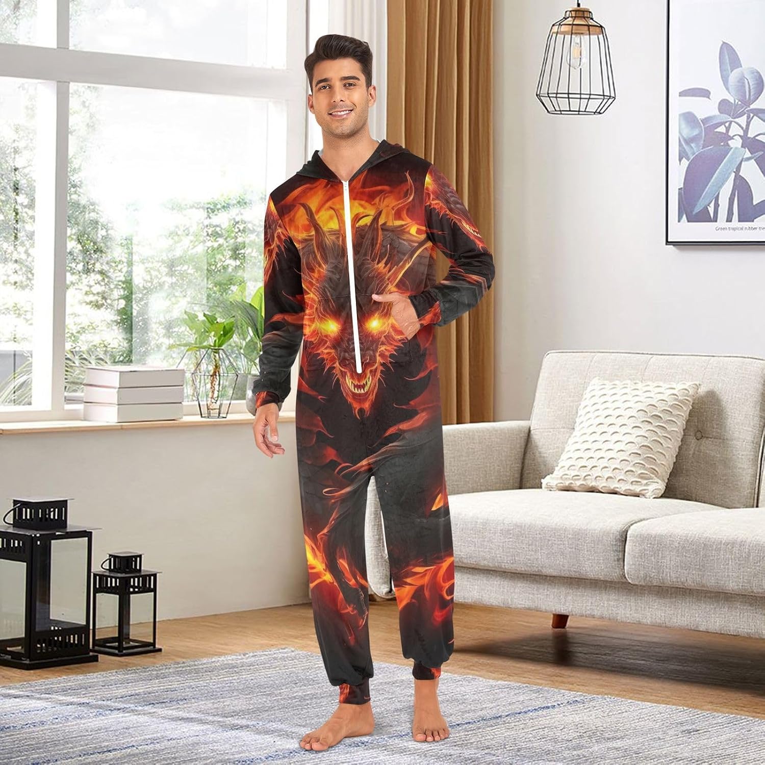 GAIREG Fire Dragon Flames adult onesie pajamas, ultra soft hooded one piece sleepwear for men women