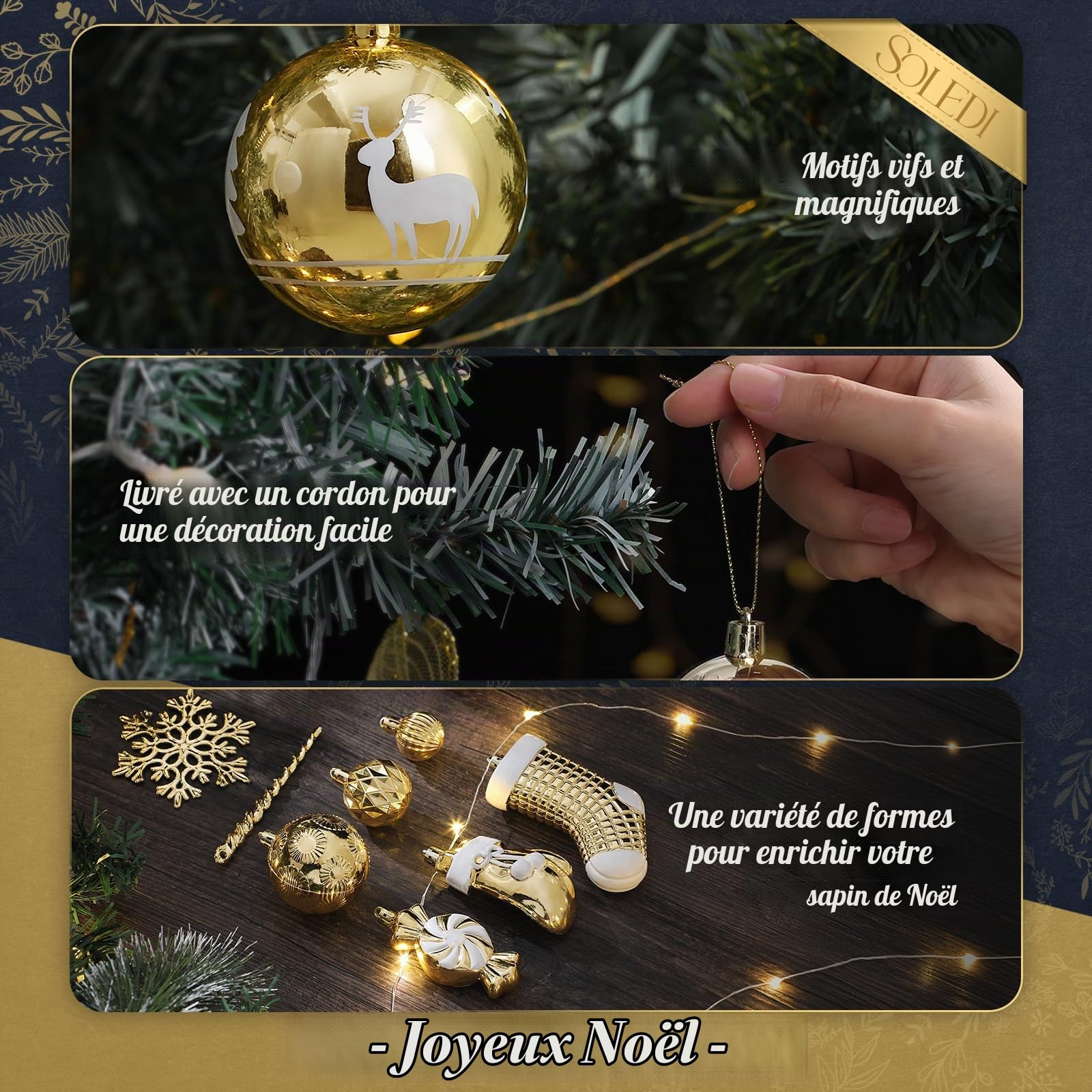 SOLEDI Lot de 128 Boule de Noel - Decoration Noel Sapin - Boules de Noël en Plastique Incassable - pour Decoration Noel Extérieur ou Intérieure - Décorer Sapin de Noël - Deco Noel (Or et Blanc)