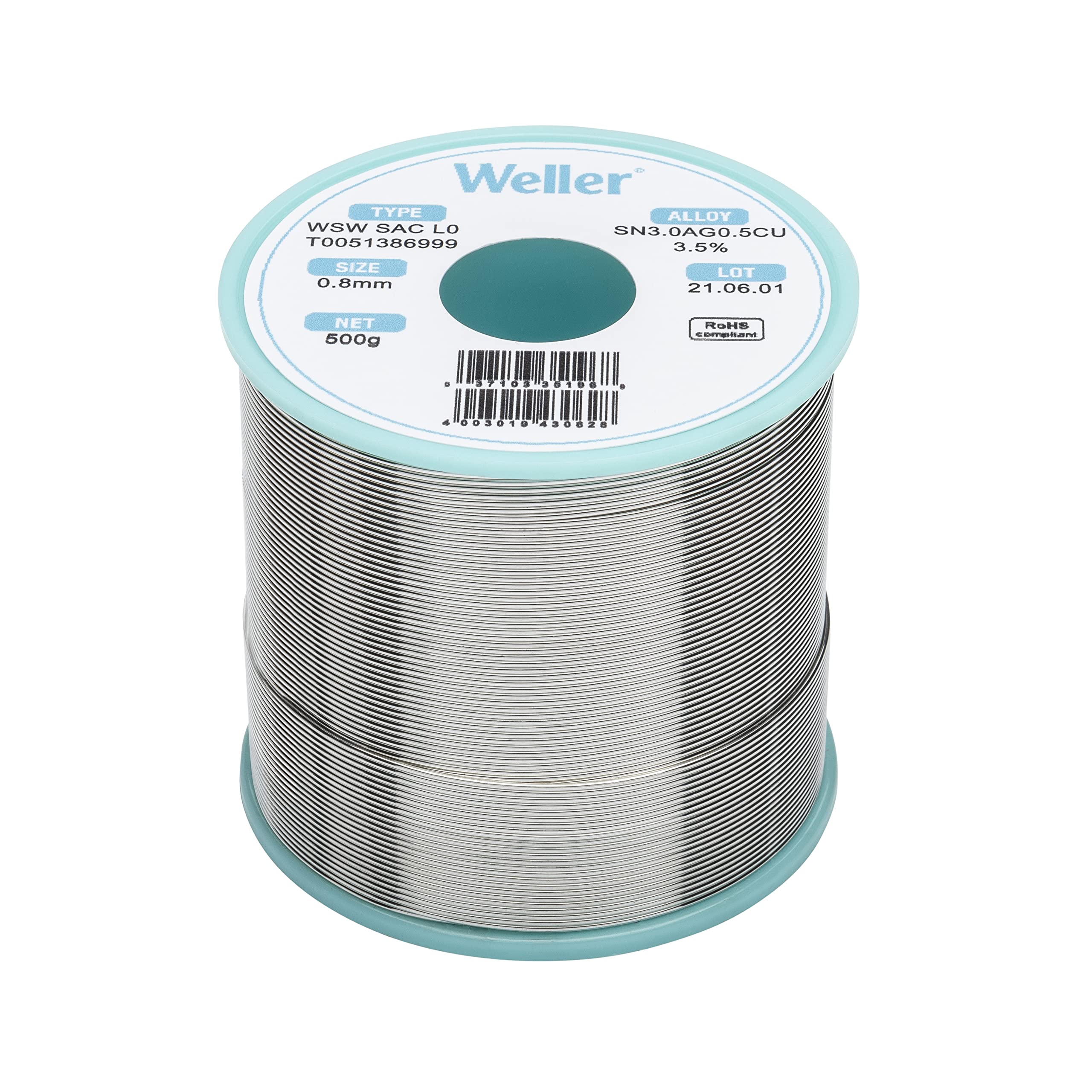 Weller WSW SAC L0 (T0051386999) Lead Free Solder Wire, diameter 0.8mm, Alloy Sn96.5Ag3.0Cu0.5, Flux content 3.5%, 500g