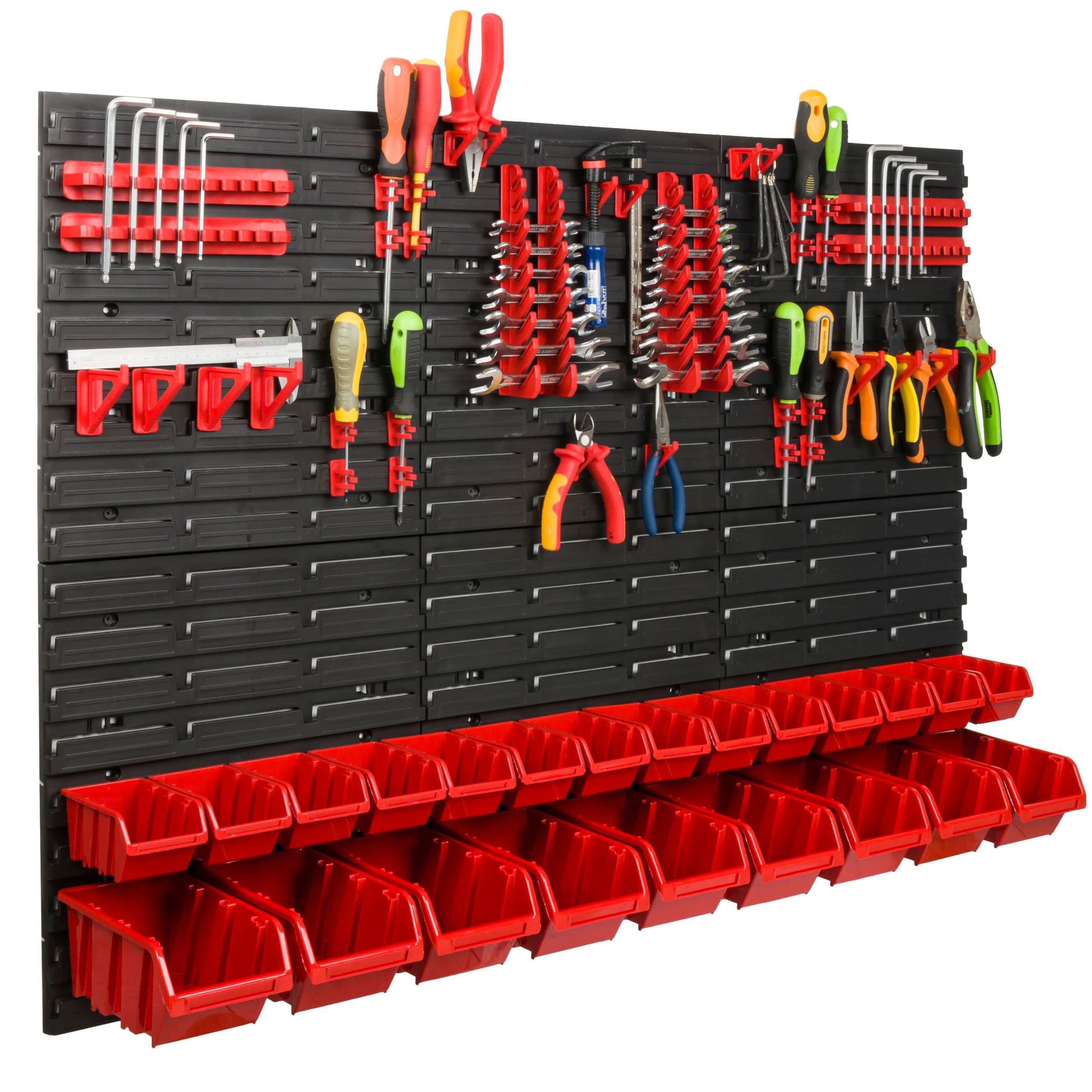 Scaffale da officina, 117 x 78 cm, 23 pezzi, con supporti per attrezzi e scatole impilabili, pannelli da parete, scaffali extra resistenti, per merci, garage, scaffali
