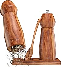 Wolfgangs Salt and Pepper Mill Small Wooden – Elegant Spice Mill Set with Ceramic Grinder for Any Grinding Size – Pepper and Salt Mill Wood – Pepper Mill with Extra Saucer + Spoon
