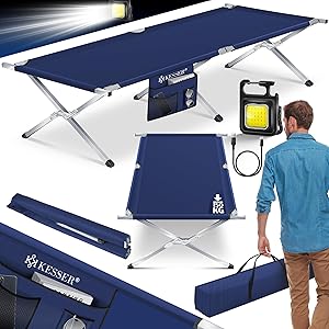 KESSER® Cama de Camping Plegable Resistente con Bolsa de Transporte, Bolsillo Lateral y Luz de Camping | 190x73x45cm hasta 150 kg Tubo de Metal | Tela Oxford 600D Portátil Cómoda | Azul Marino