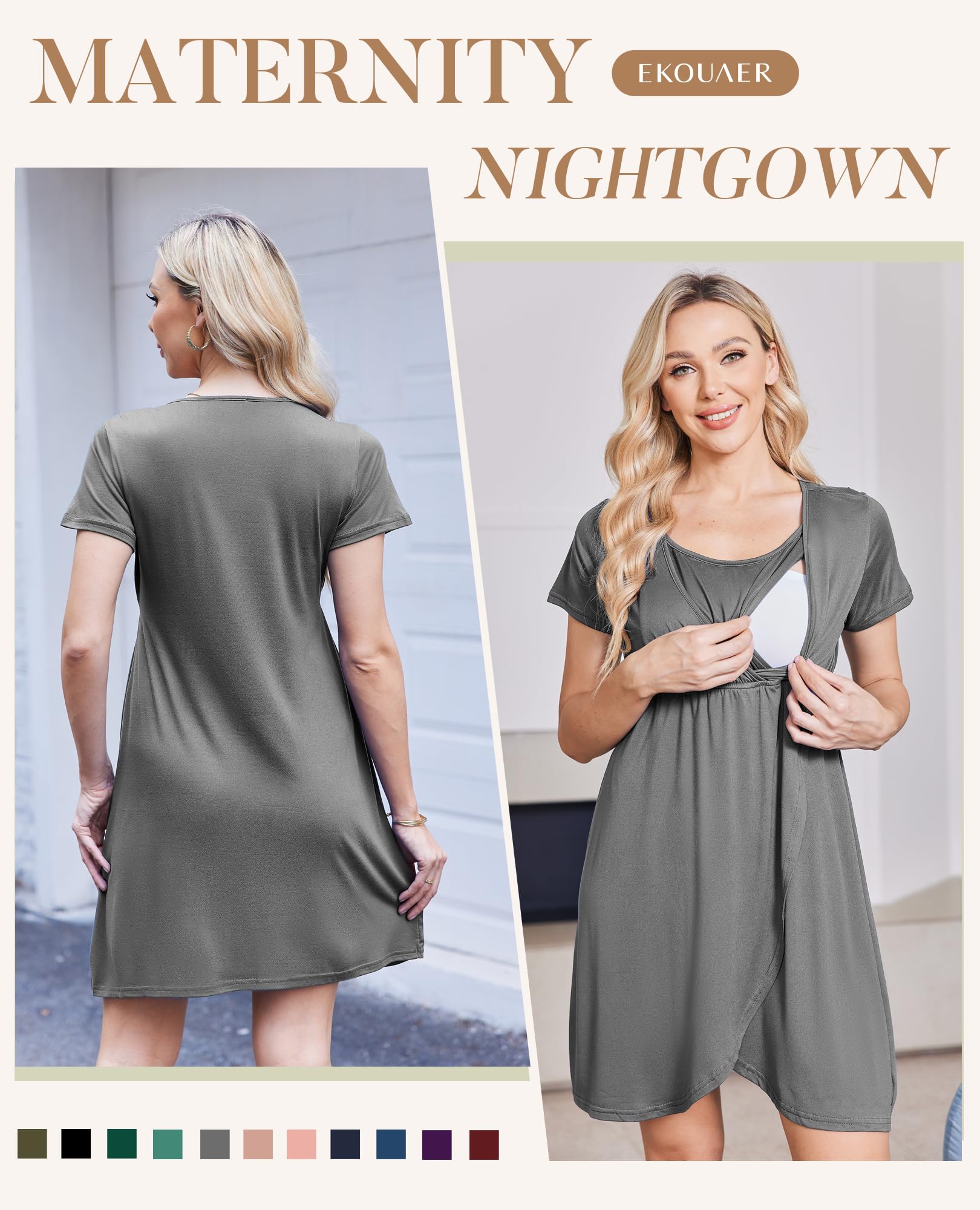 Camicia da notte infermieristica manica corta Breasfeeding abito da parto abito premaman, Grigio, X-Large