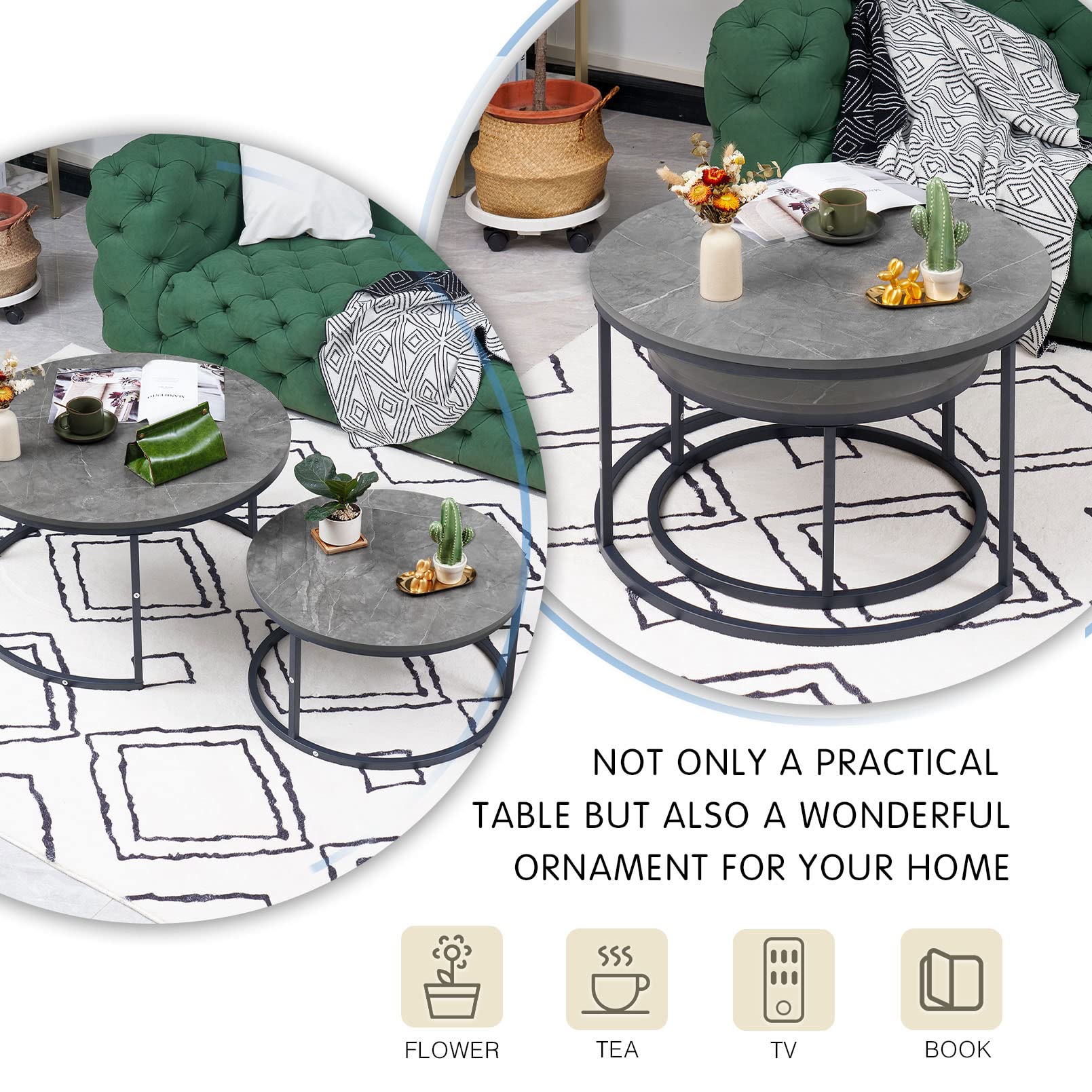 Couchtisch Rund 2er Set, Grau Marmor Couchtisch mit Grau Metallgestell, Beistelltisch Rund, Wohnzimmertisch Modern, Satztische fürs Wohnzimmer Schlafzimmer Balkon