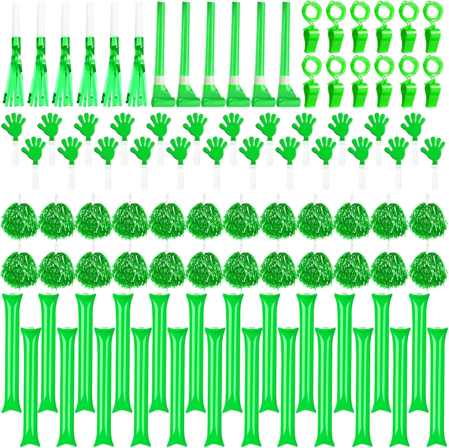 Yunsailing 96 Pcs Homecoming Noisemakers Team Spirit Accessories for Game Day Include Hand Clappers Cheerleading Pom Pom Thunder Stick Cheer Party Blower Plastic Whistle for Sport Fans(Green)