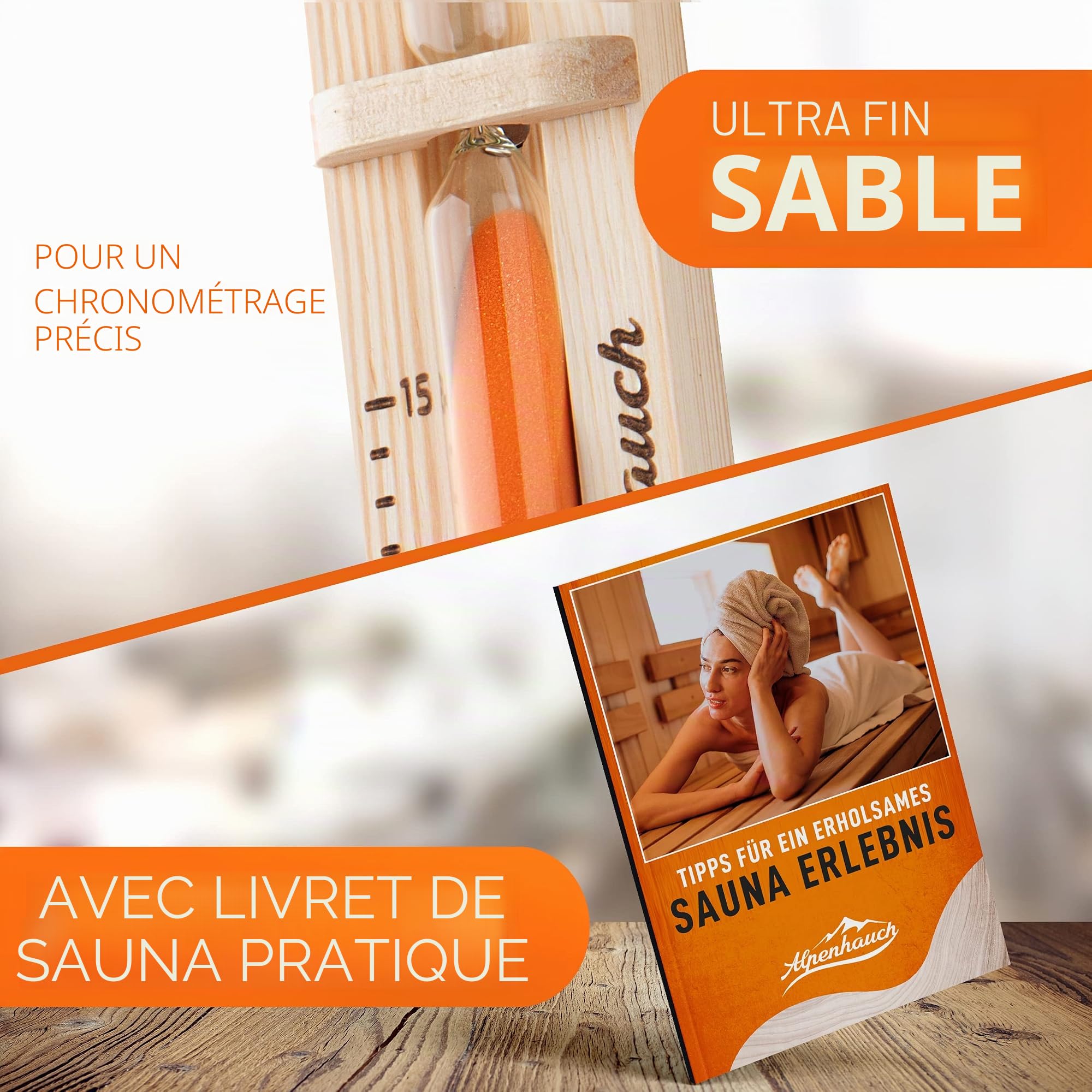 ALPENHAUCH Sablier pour sauna 15 minutes en bois 100 % naturel - Horloge de sauna élégante avec sable fin - Horloge de sauna robuste avec verre de sécurité - Horloge de sauna rotative à 360° - Avec