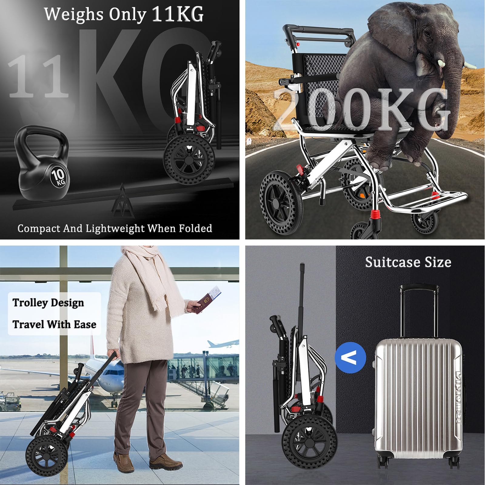 Lekki składany wózek inwalidzki – przenośne wózki inwalidzkie dla dorosłych, osób starszych, tylko 11 kg, nośność 100 kg, przyjazny w podróży i łatwy do przenoszenia