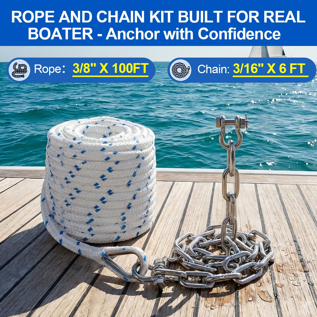 Kit di corda e catena di ancoraggio per barca, linea di ancoraggio 3/8" x 100', catena in acciaio inossidabile 316 3/16 "x 6", ditale impiombato e grilli, corda di ancoraggio resistente per