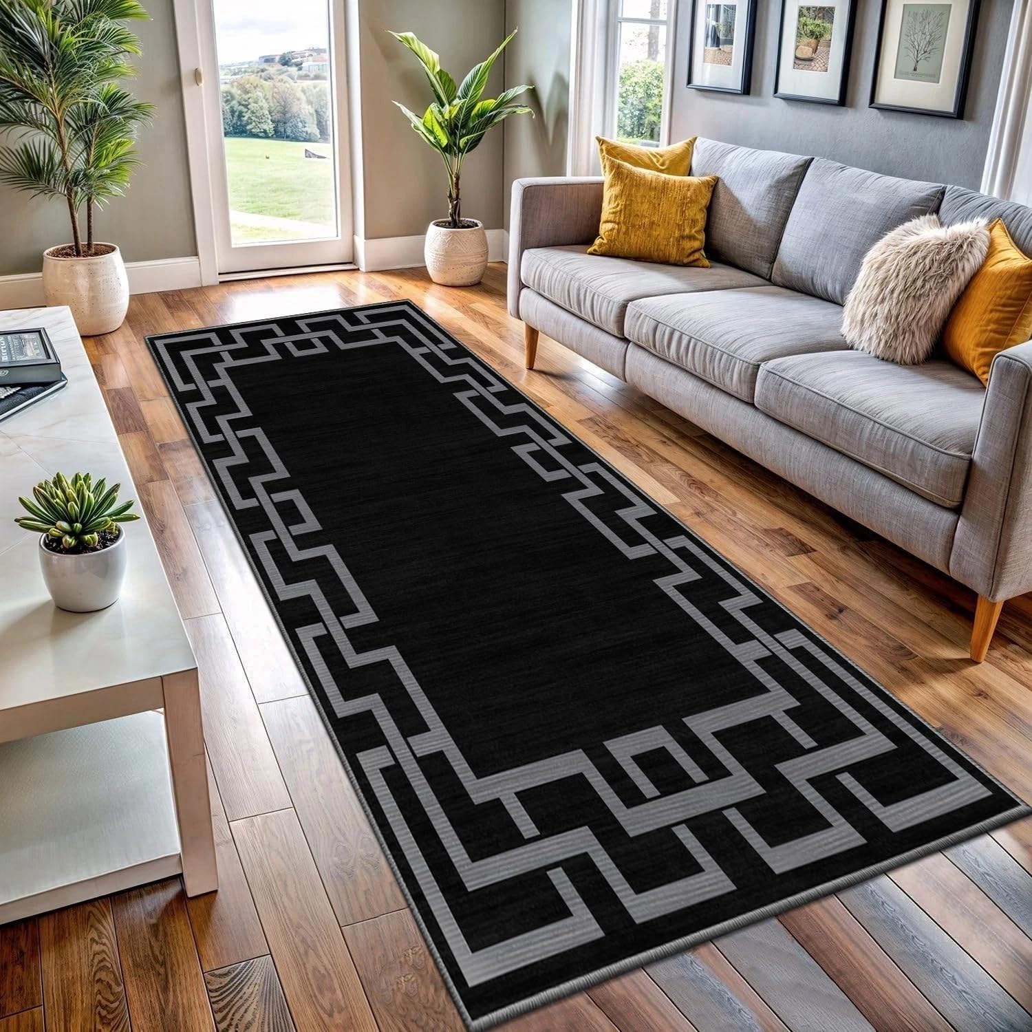 BedLooms Runner Rugs for Hallway 60x220 cm Greek Key Pattern Carpets living room Printed Black and Grey Runners for Lounge Office Bedroom (Nico Black)