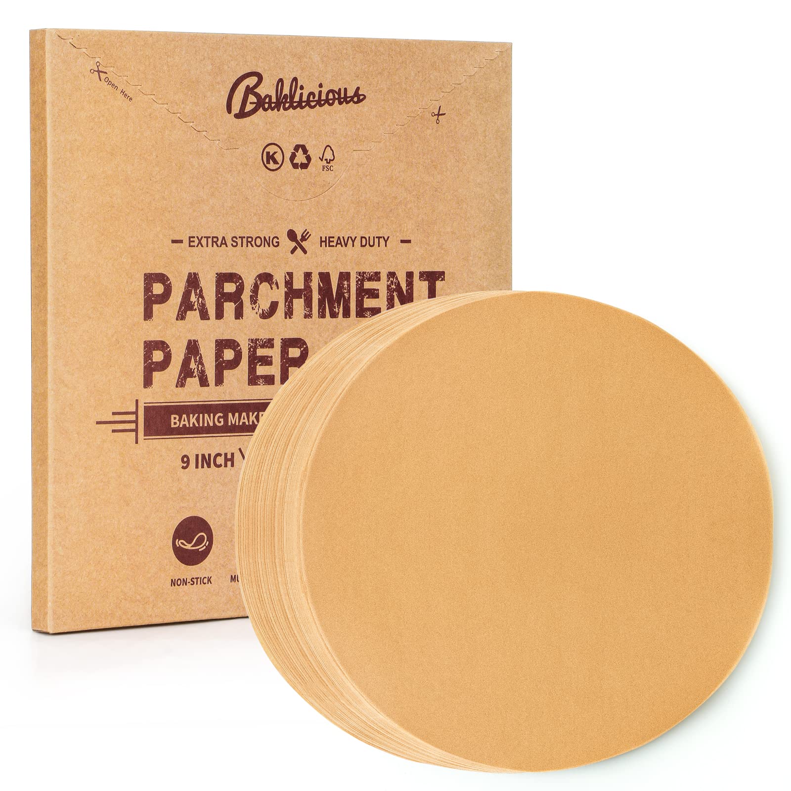Baklicious 250 piezas de papel pergamino redondo de 9 pulgadas. Papel pergamino redondo antiadherente, círculos de pergamino para hornear pasteles, separación de hamburguesas, envoltura de tortilla