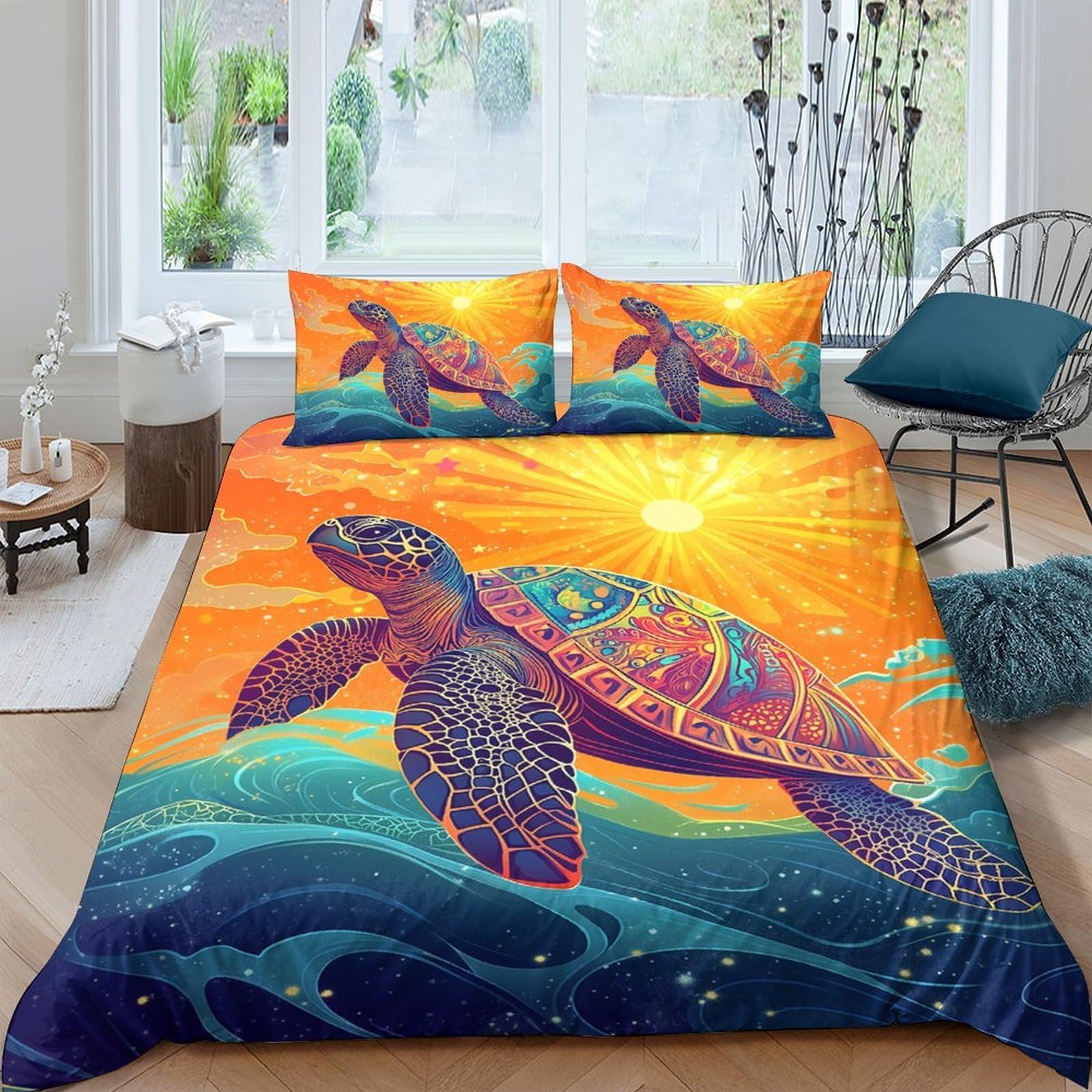 Ctjqhvkz Style-5 3D Printed Ocean Sunrise Fitted Sheet Microfiber Soft Breathable Sea Turtle Bed Cover For Bedroom Dorm Decor Single（135X200cm）