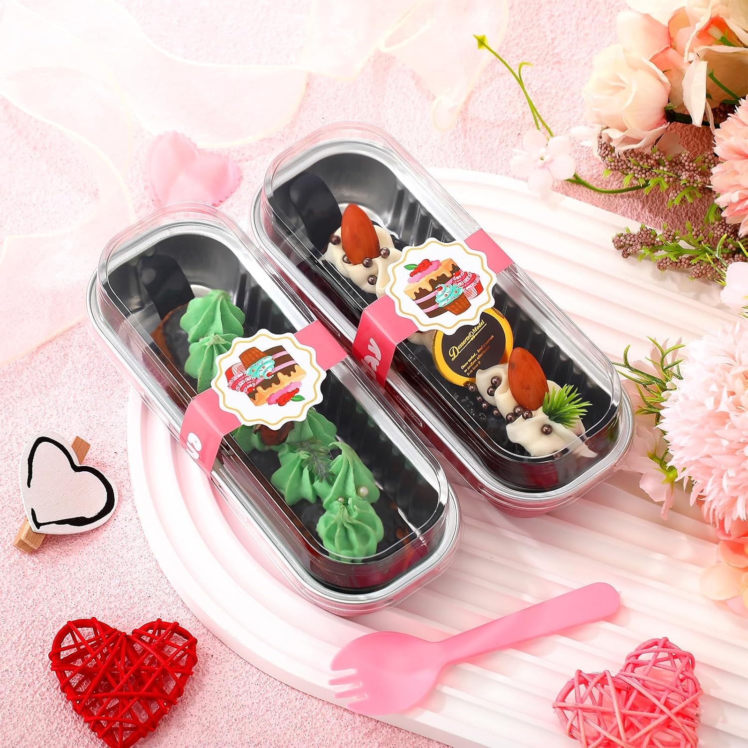 Tioncy 100 Sets Fall Mini Loaf Pans with Lids Spoons Sealing Stickers, Harvest Mini Cake Pans, Rectangle Aluminum Foil Baking Bread Containers, Bakery Party Supplies 6.8oz(Pink,Classic) - Image 5