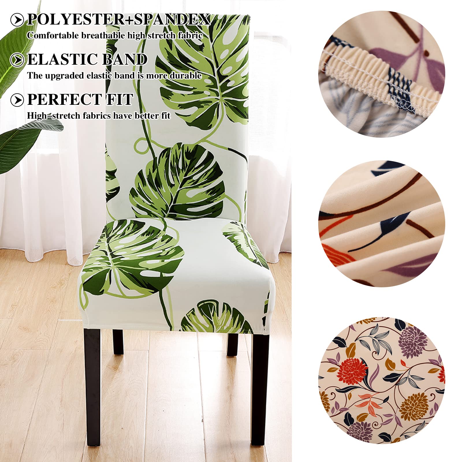 Jaotto Coprisedia Elasticizzati con Schienale 6 Pezzi, Fodere Coprisedie Universale per Sala da Pranzo Cucina, Moderno Coprisedia Lavabile Estraibile, Coperture per Sedie(Foglie Beige,6 Pezzi)
