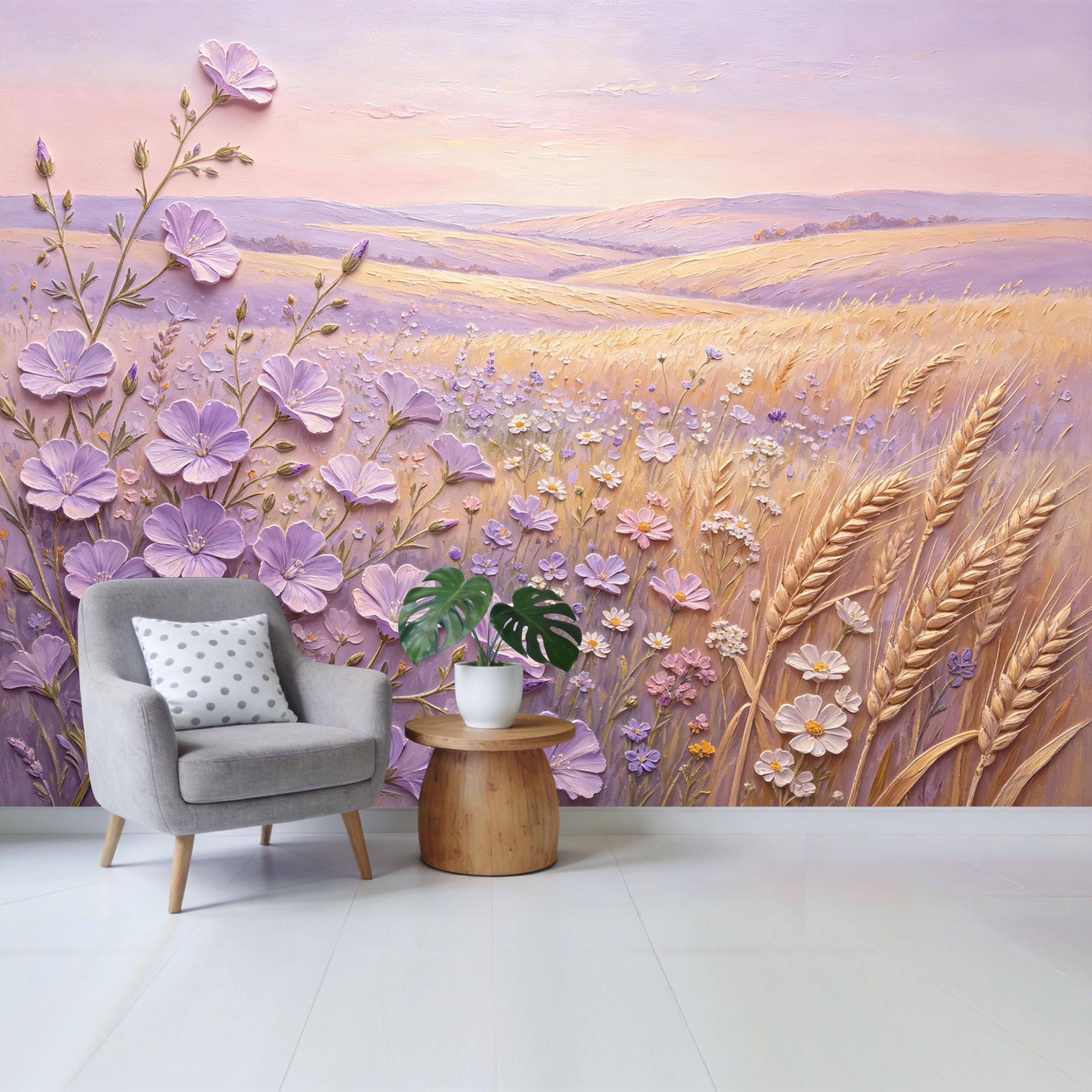 Qzlithotic Yq2605250650 Custom Size Wall Mural Purple Wildflower Meadow Golden Wheat Field Oil Painting Texture Selfadhesive Wall Fabric Removable Wallpaper For Home Office Decor