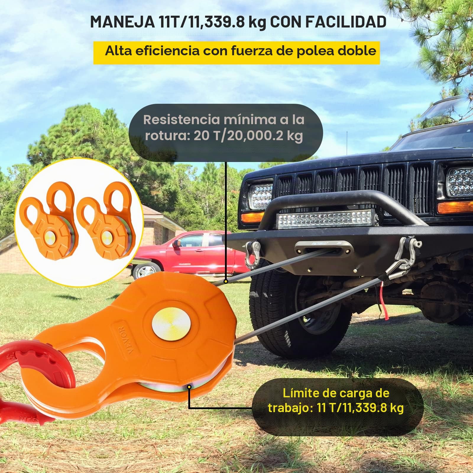 VEVOR Bloque de Arranque de Cuerda 2 Piezas Polea de Cabrestante para Coche Capacidad de Carga de 11 T Kit de Bloque de Arrebatamiento Acero al Carbono Alta Compatibilidad para Camión Tractor ATV UTV