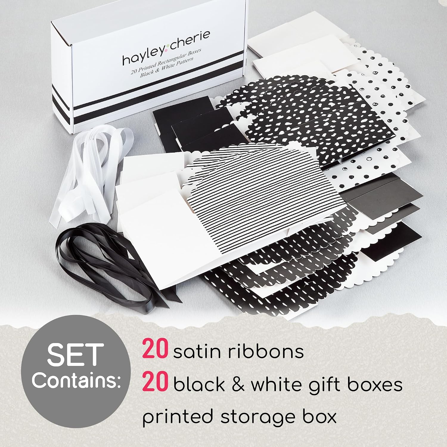 Small Black & White Gift Boxes with Lids & Ribbons (20 Pack) 8” x 4” Cute Decorative Treat Boxes Empty for Cookies, Candy, Sweets, Fudge, Baked Goods, Party Favor, Diwali, Christmas, Birthdays, Bulk