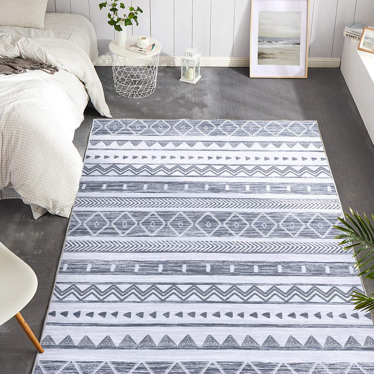 JINCHAN Area Rug Door Mat 3x5 Bedroom Rug Doormat Boho Rug Mudcloth Rug Sketch Geometric Dimond Floor Cover Bohemia Moroccan Grey Carpet Non Slip Mat for Bedroom Kitchen Living Room Dining Room