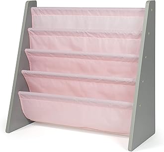 Humble Crew 4-Tier Kids Bookshelf, Grey Wood/Pink - Premium Book Shelf for Kids Rooms with Four Deep Pockets - Toddler Sling Book Rack with Deep Sleeves, Nursery Bookcase Organizer