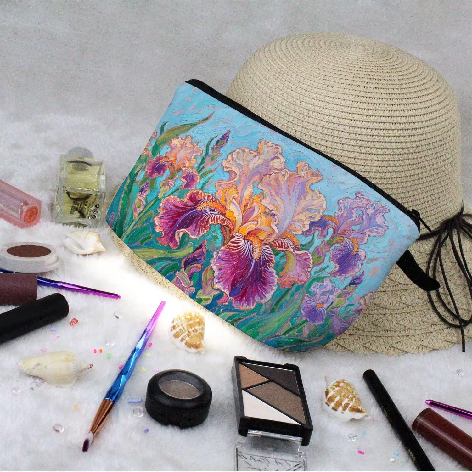 Iris Flower Makeup Bag Cute Small Makeup Organizer Bag Travel Toiletry Zipper Pouch Artistic Oil Painting Flowers Cosmetic Bag Gift for Women Girls - Image 7