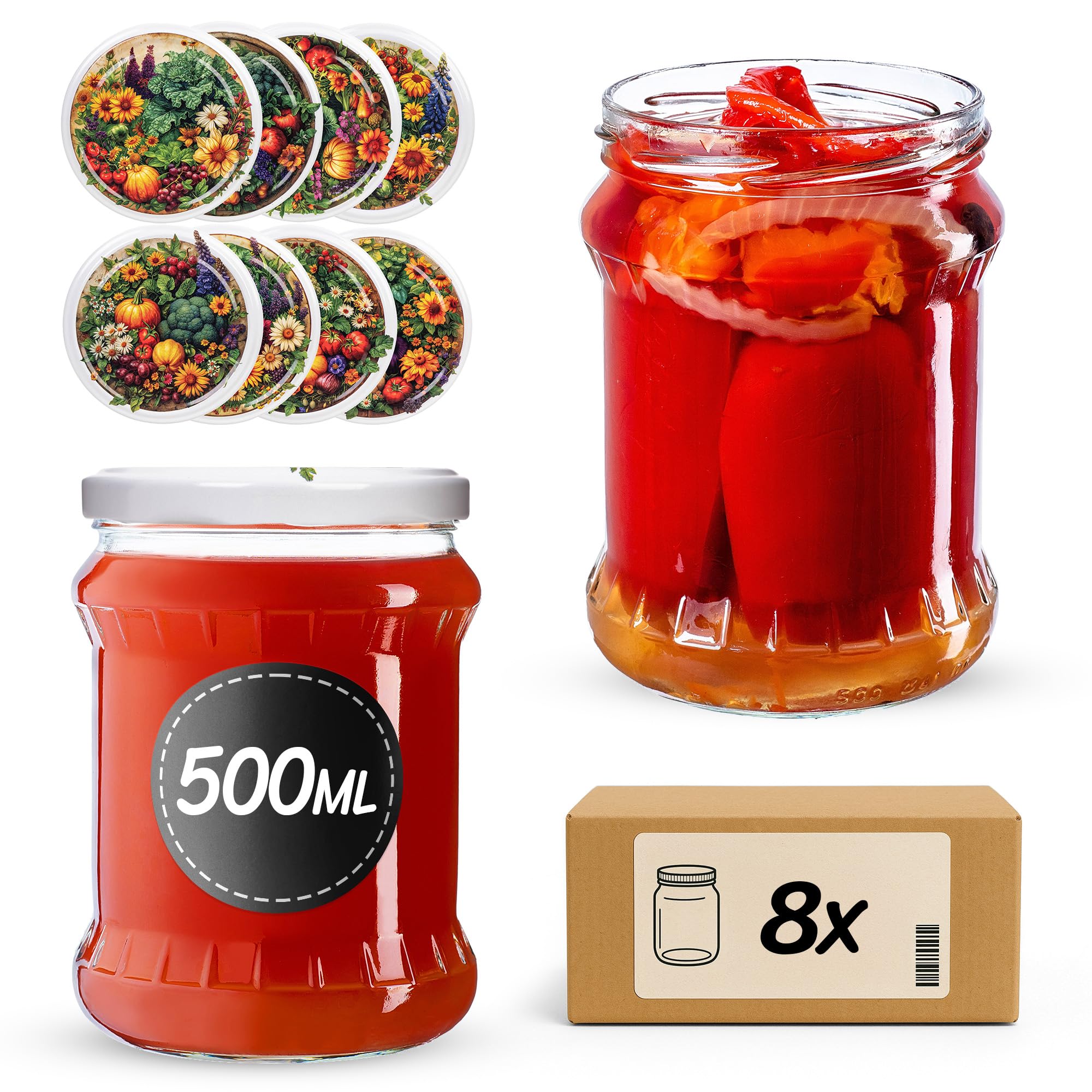 KADAX Einmachgläser 500ml TO82, Sturzgläser Mason Jar mit Schraubdeckel, Luftdichte Twist-off Gläser, Meal Prep, Overnight Oats, Sauerteig (Gemüsebeet, 8 Stück)