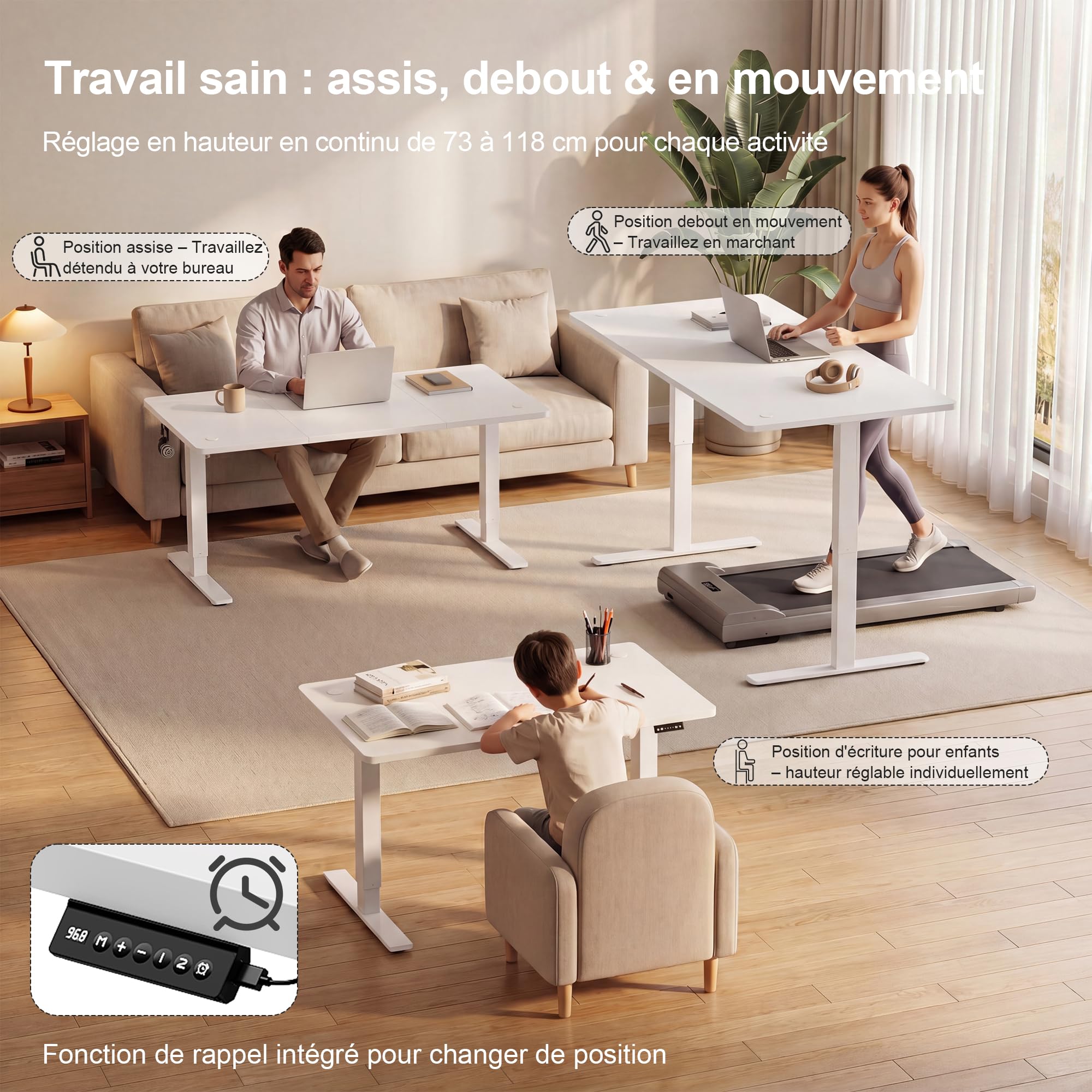 JUMMICO Bureau Assis-Debout Électrique 120x60cm, USB & 2 Mémoires, Blanc | Moteur Silencieux, Surface Anti-Rayures, Structure Métal Stable. Idéal pour Télétravail & Gaming, Hauteur 72-116 cm