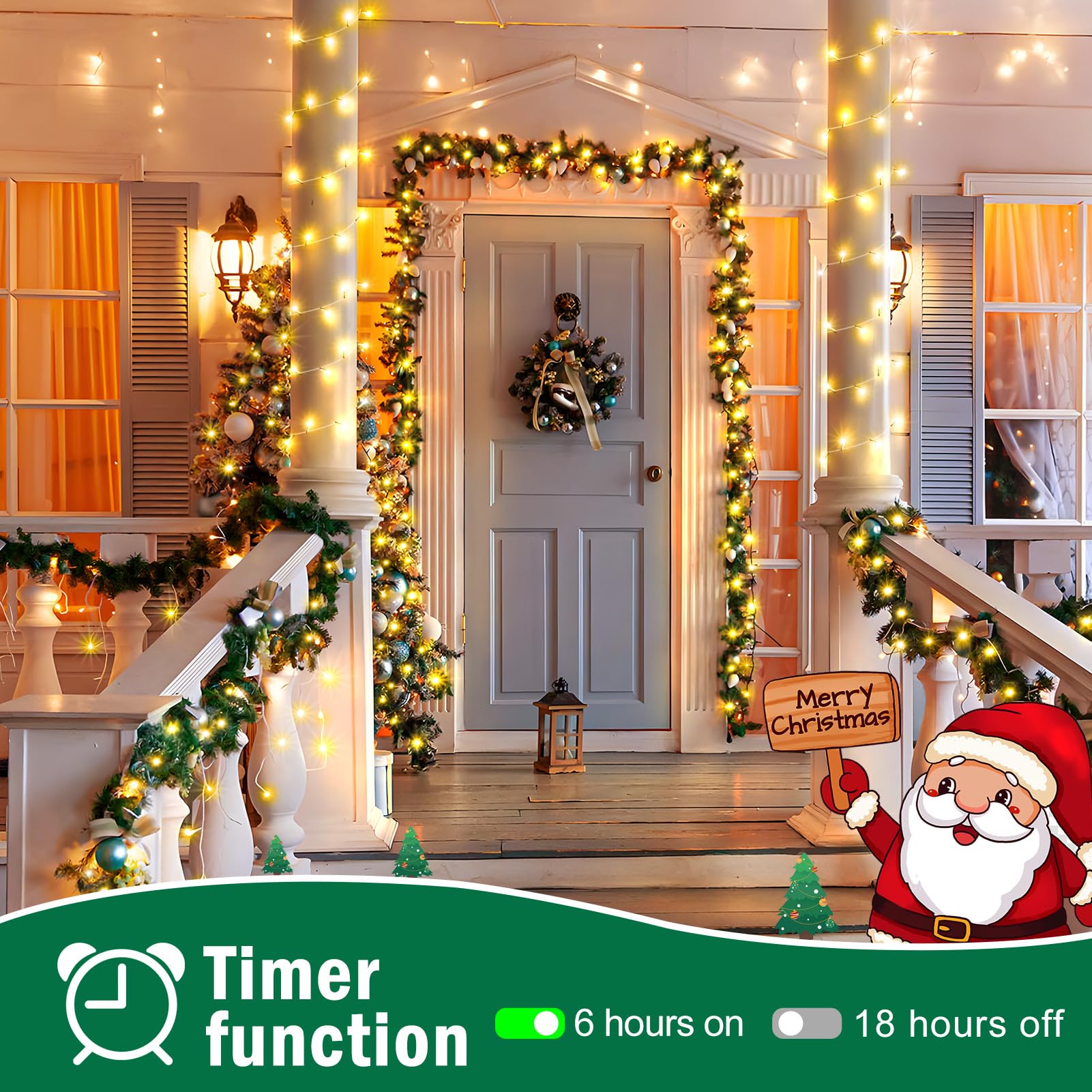 SAUIRS Tira de 500 luces LED de Navidad de 197 pies para exteriores con 8 modos de temporizador, impermeable, enchufe para exteriores, interiores, fiestas, Navidad, palmeras, patio, decoración de boda