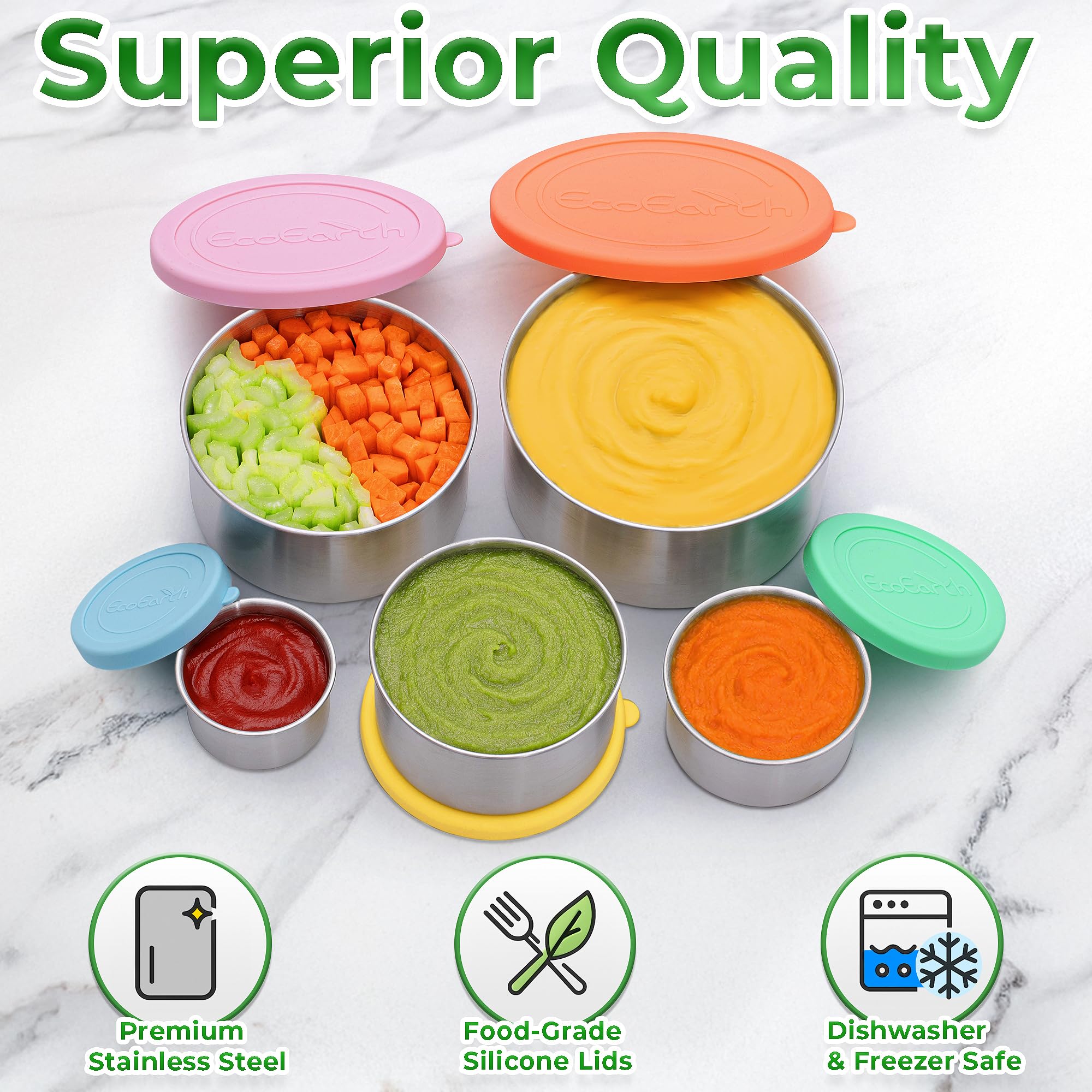 Pudełko na lunch ze stali nierdzewnej – metalowy zestaw 5 sztuk | EcoEarth – w 100% bez plastiku, hermetyczne i szczelne, z pokrywkami silikonowymi bezpiecznymi dla żywności