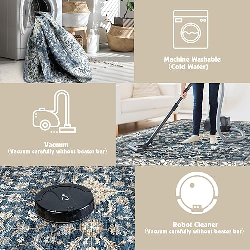 Miniatura 6 de koorlian Alfombra de área antideslizante, alfombra Vinatge grande de 5 x 7 pies para sala de estar, suave y fina, lavable, no desprende pelusa,