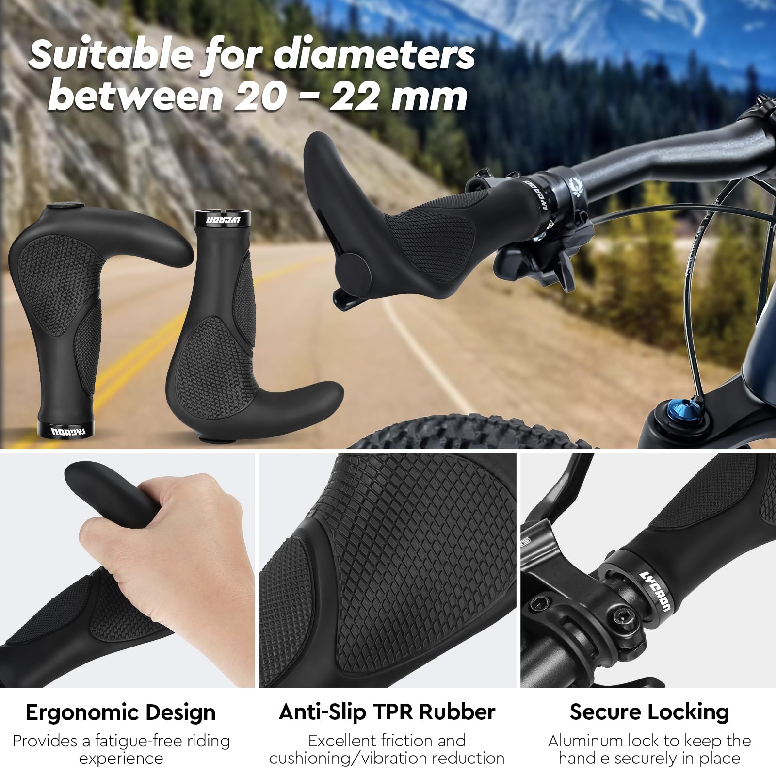 LYCAON Poignées de Guidon de vélo antidérapantes et ergonomiques - Poignées de vélo - Poignées de Guidon de vélo - Poignées en Aluminium - pour Scooter, VTT, vélo Urbain,