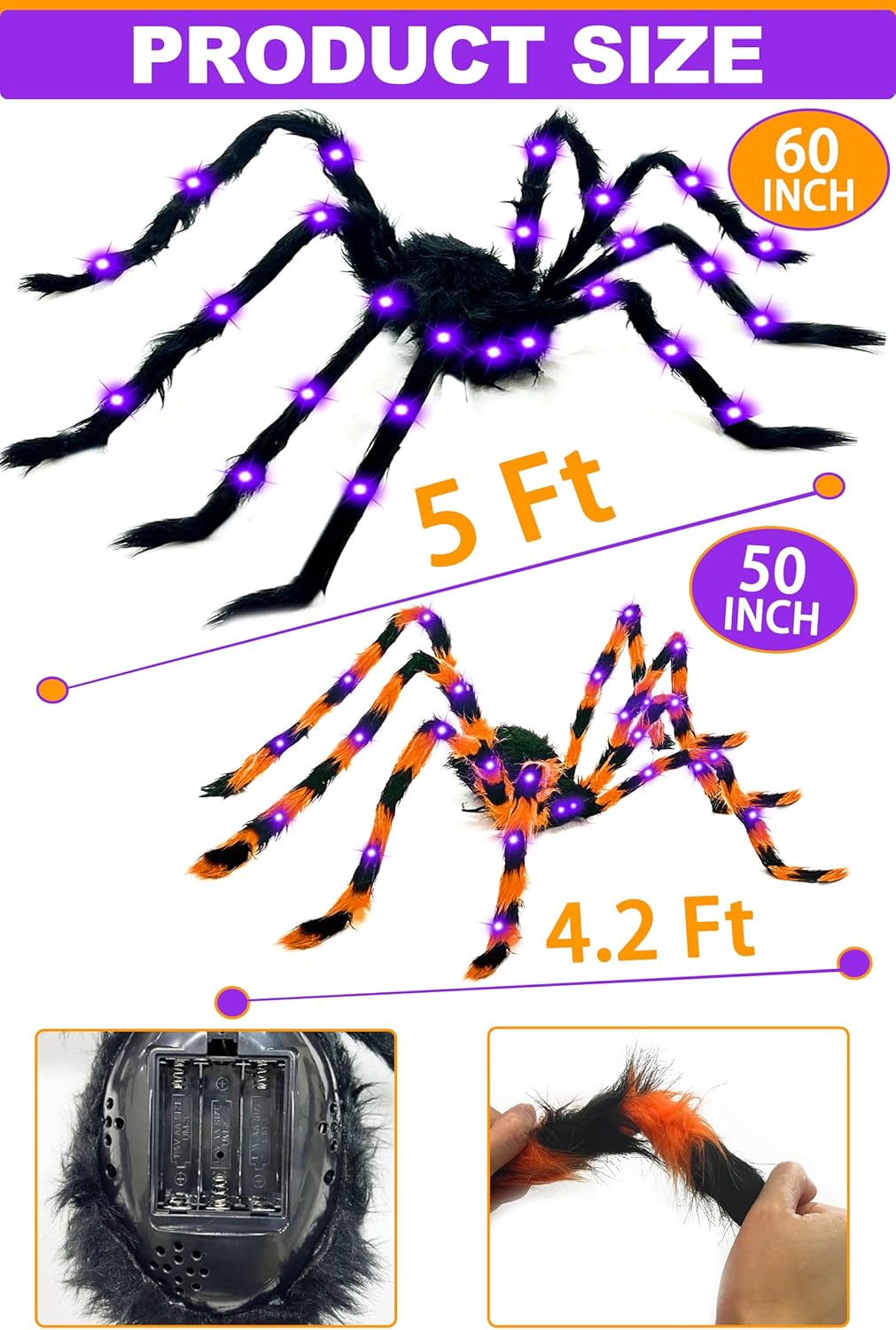 2 Pack 5 Ft+4.2 Ft Giant Spider Halloween Decorations Outdoor, Light up Black and Dual Color Fake Spider Totally 52 Purple LED for Yard Outside Indoor Scary Haunted House Prop Halloween Party Decor