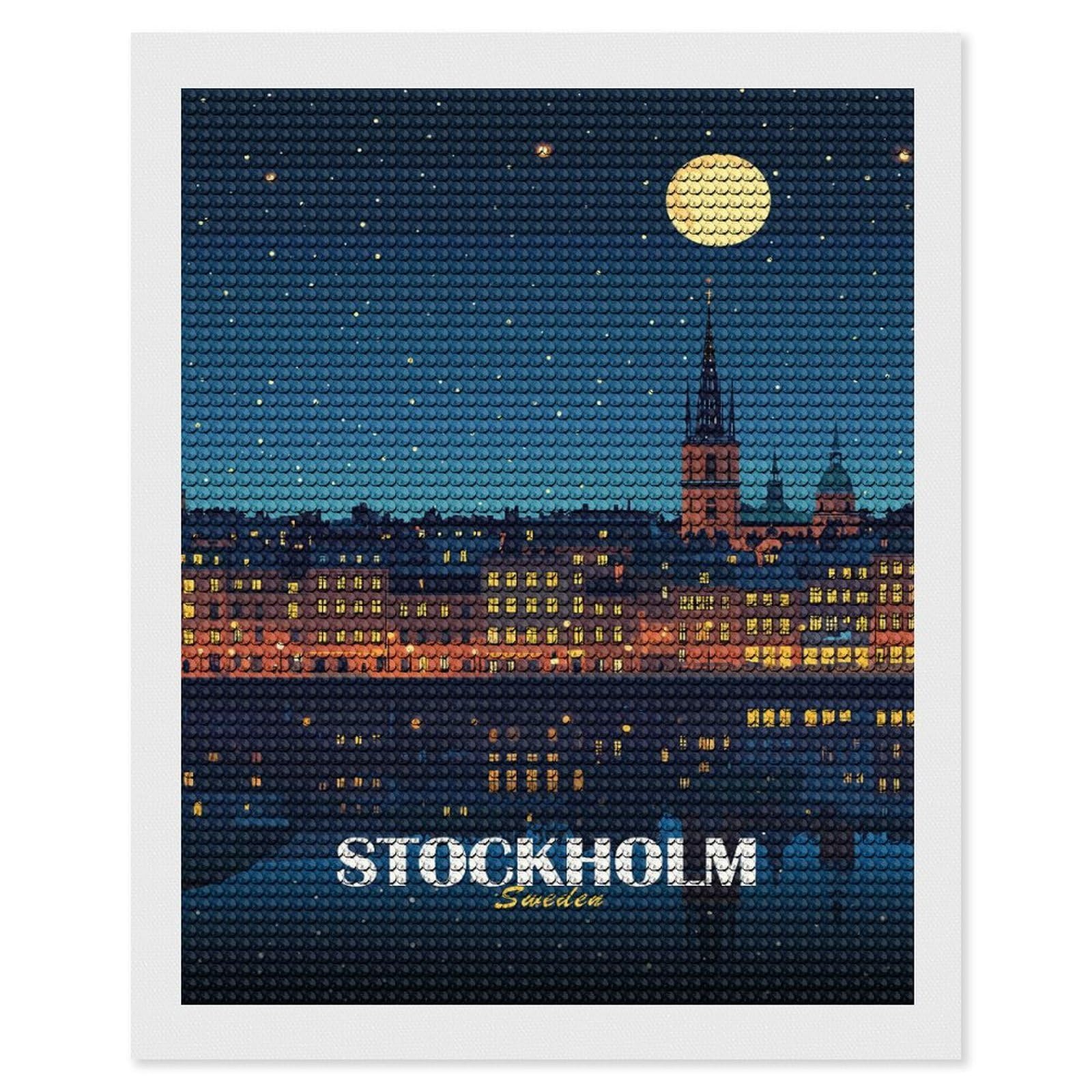 Junmoney Stockholm Sweden Night Cityscape Illustration Diamond Art Canvas 16"x20", for Creative Relaxation, Simple to Start, Aesthetic Room Decor, Holiday Gift Idea