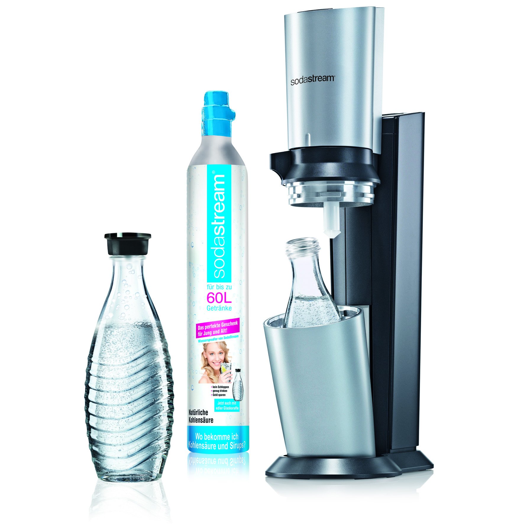 sodastream Water Carbonator Crystal with 1 x CO2 Cylinder 60 L and 2 x 0.6 L Glass Decanter Titanium/Silver Standard