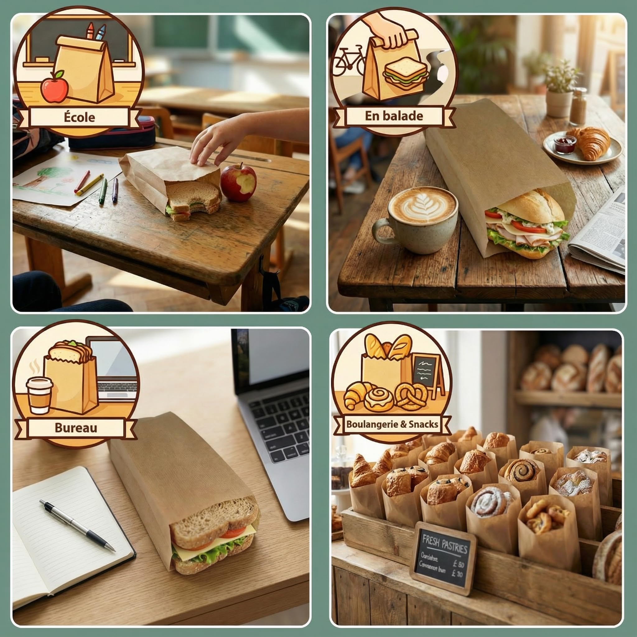 1000 Lot Sac Papier Kraft - Sachet Kraft Alimentaire, Sandwich - Emballage Alimentaire Boulangerie, Patisserie, Bonbon, Café - Sachet Papier Kraft Marron 10 x 5,5 x 25 cm