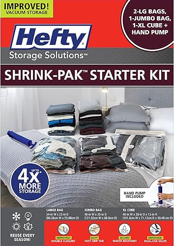 Miniatura 7 de Hefty Super Starter Kit de 5L, 3XL, cubo 1XL y 1 bolsa jumbo, bolsas de almacenamiento al vacío reutilizables y resistentes al agua, total de 10