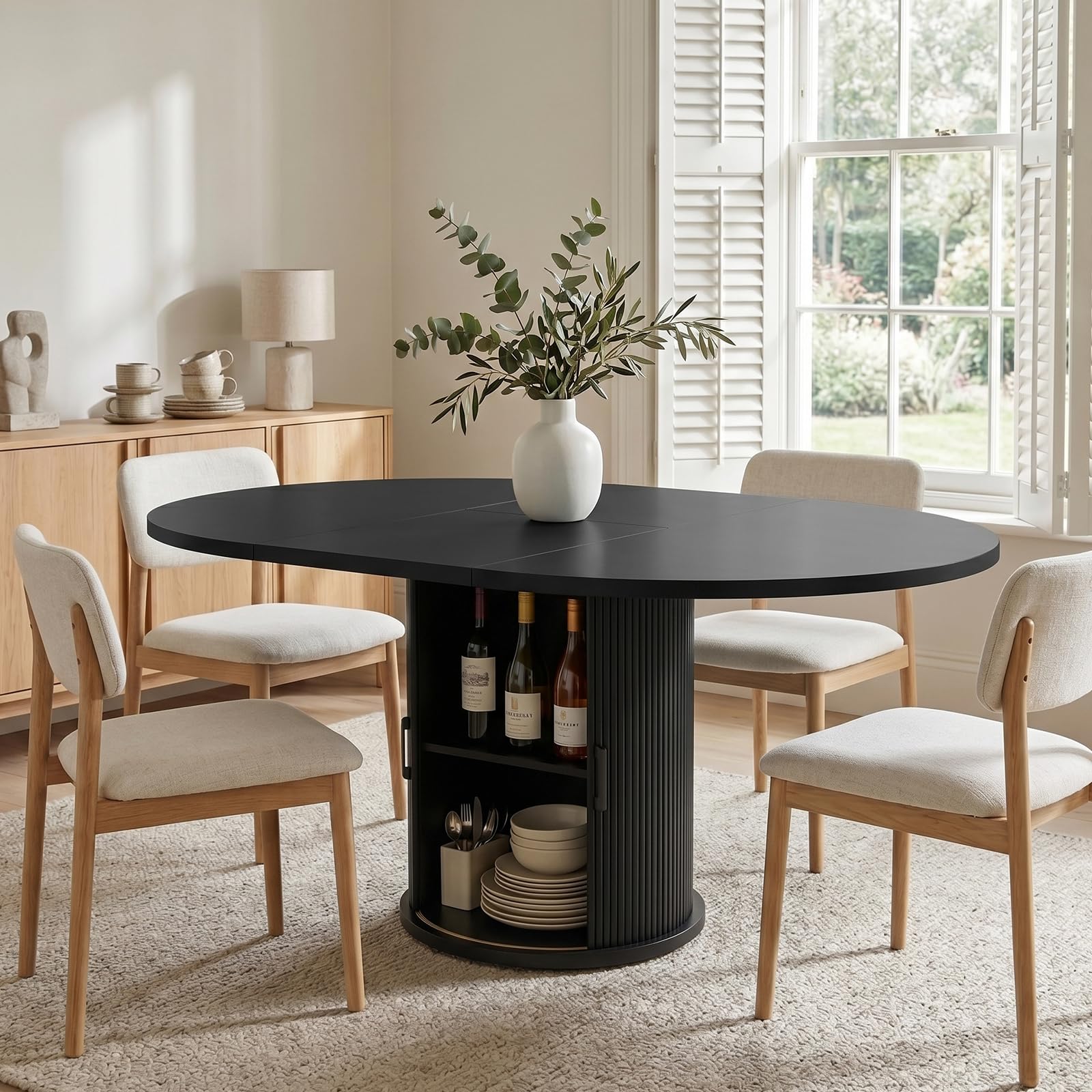 Tavolo da pranzo rotondo allungabile per 4-6 posti, 118-158 cm, ovale da cucina con armadio nascosto, si estende fino a ovale, per casa, sala da pranzo, soggiorno, nero