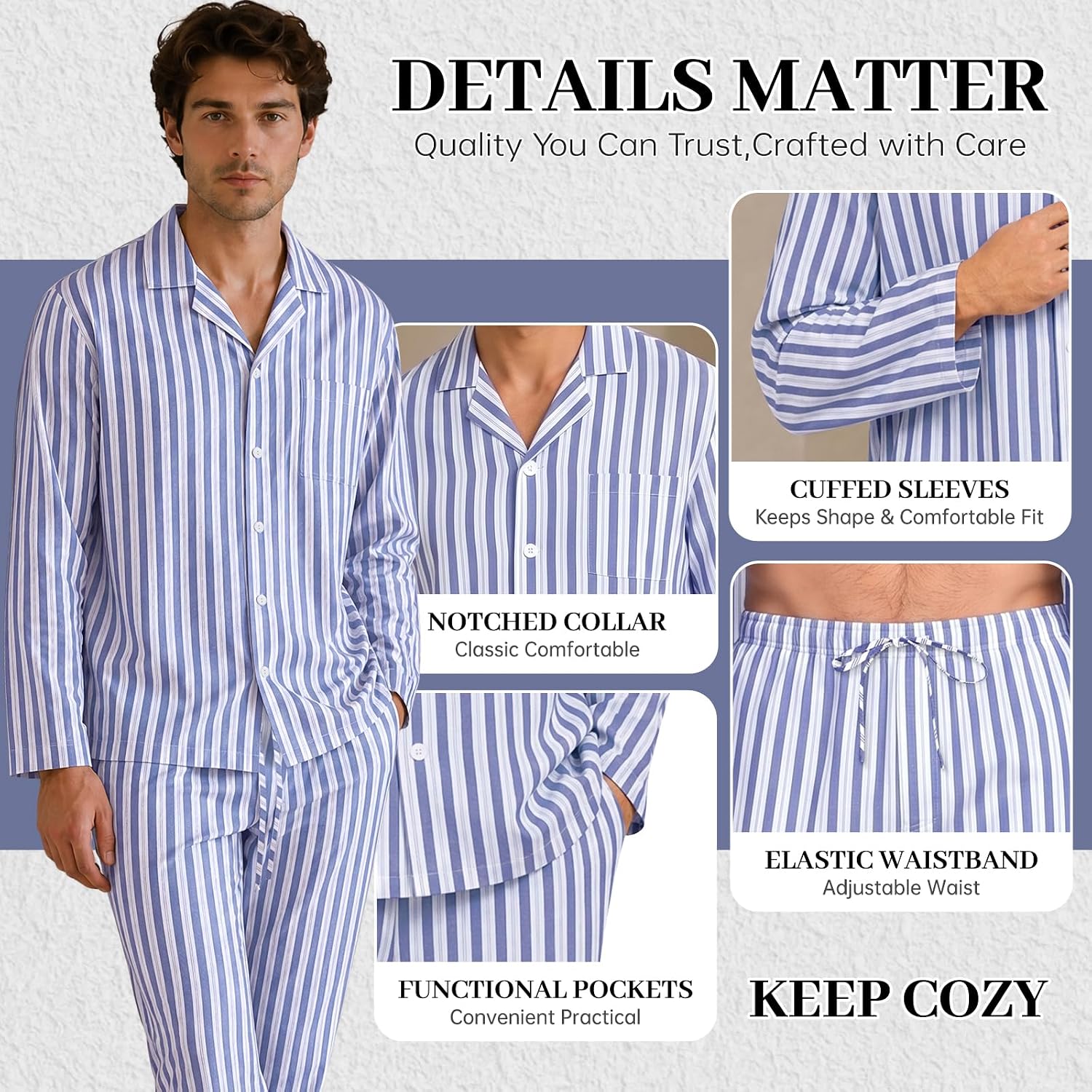 SWOMOG Mens Pajama Set 100% Cotton Pjs Set Long Sleeve Sleepwear Button Down Loungewear Set with Pockets