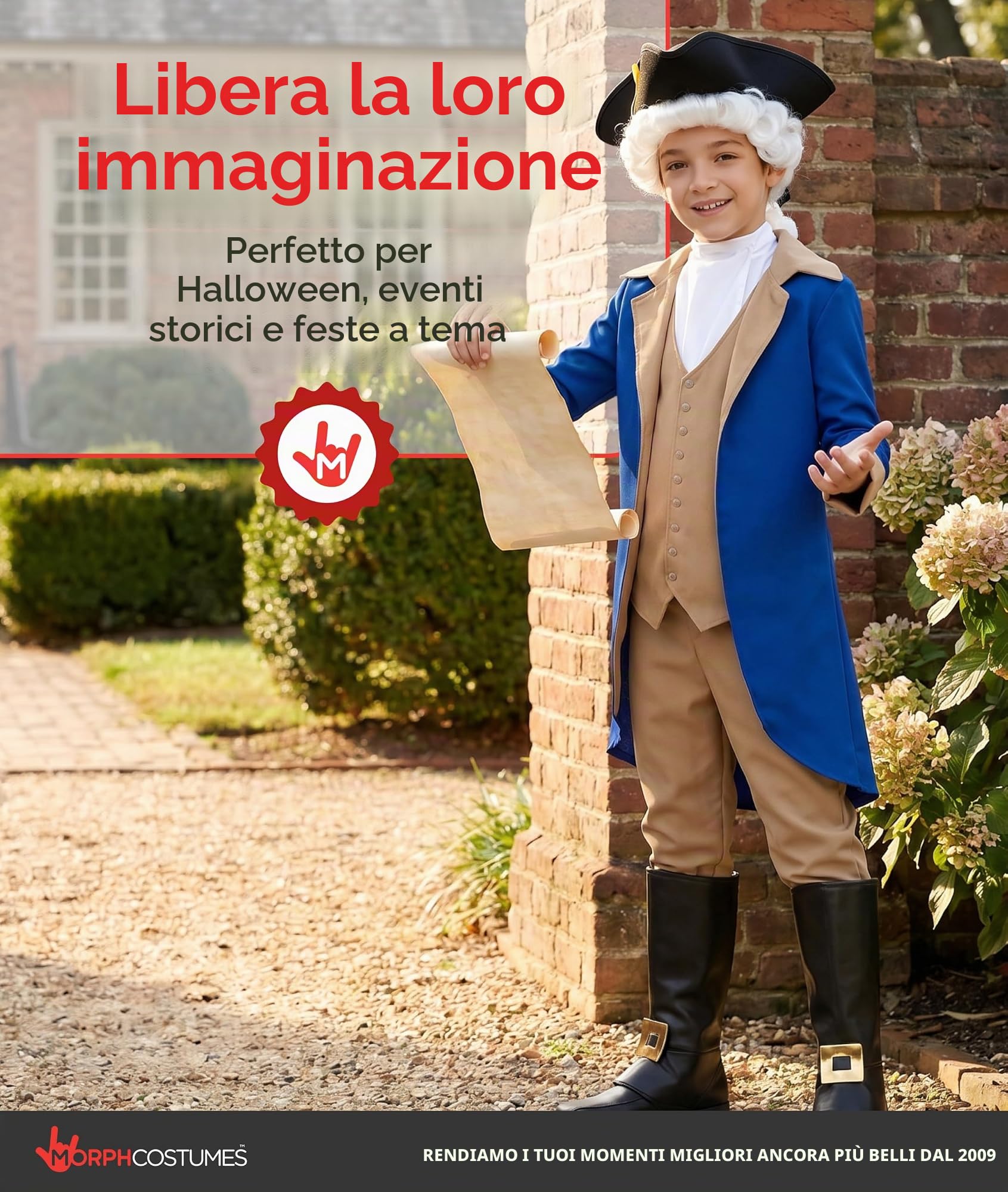 Morph Costume George Washington Bambino, Costume Halloween Bambino | Giacca Blu, Gilet, Parrucca Bianca & Cappello Nero, Perfetto per Halloween, Ideale per il Gioco di Ruolo