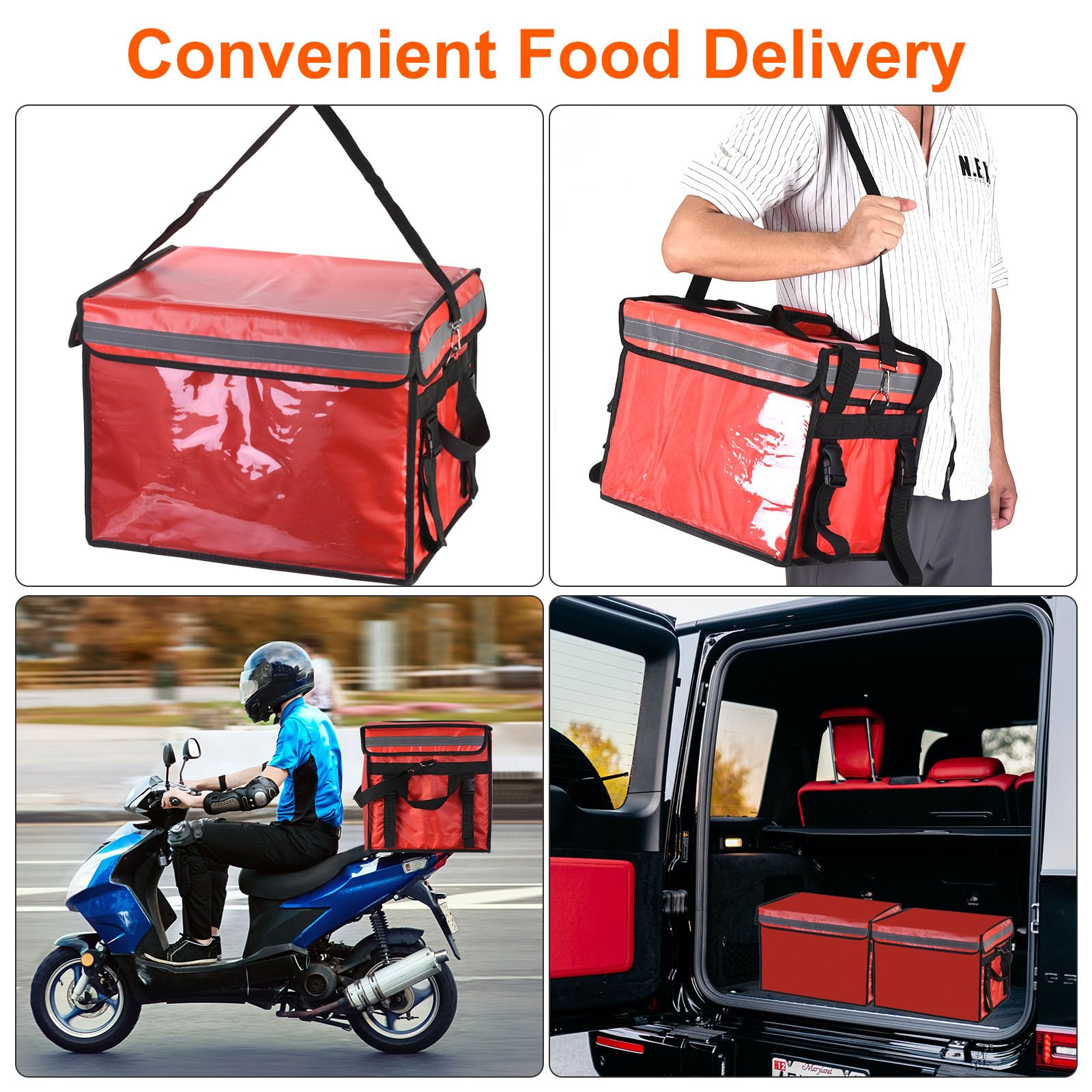 PATIKIL Térmica Bolsa para Alimentos Reparto, 19.7"x15"x15" Reparto Térmica Bolsa con Divisor, Catering Térmica Comida Bolsa para Pizza Caliente/Frio Comida, Rojo (62L)