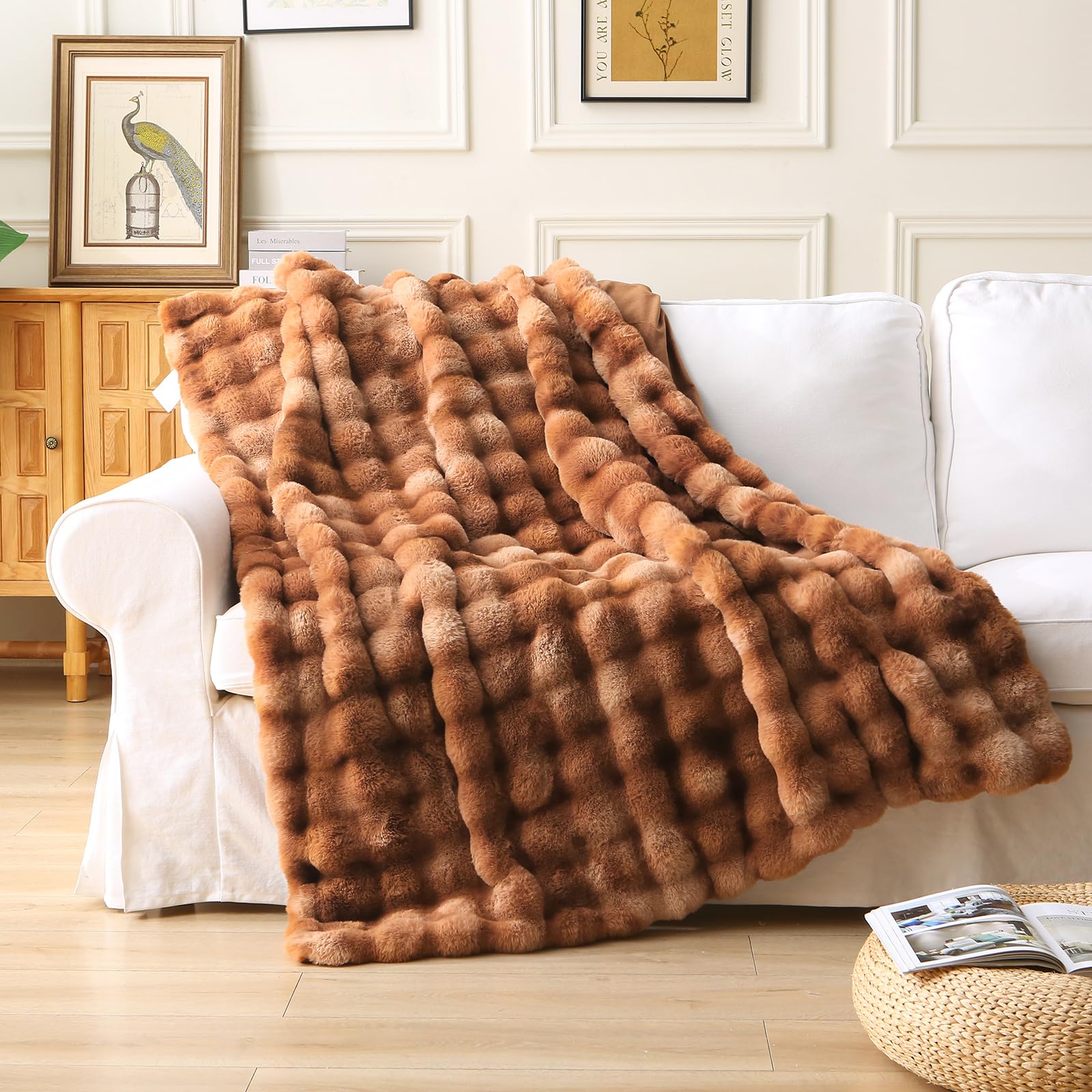 DREAMLANDING Faux Rabbit Fur Luxury Plush Sherpa Throw Blanket Reversible Fuzzy Warm Cozy Fluffy Fur Blanket for Bed Sofa Couch Home Decor (Brown, 130 * 150cm)