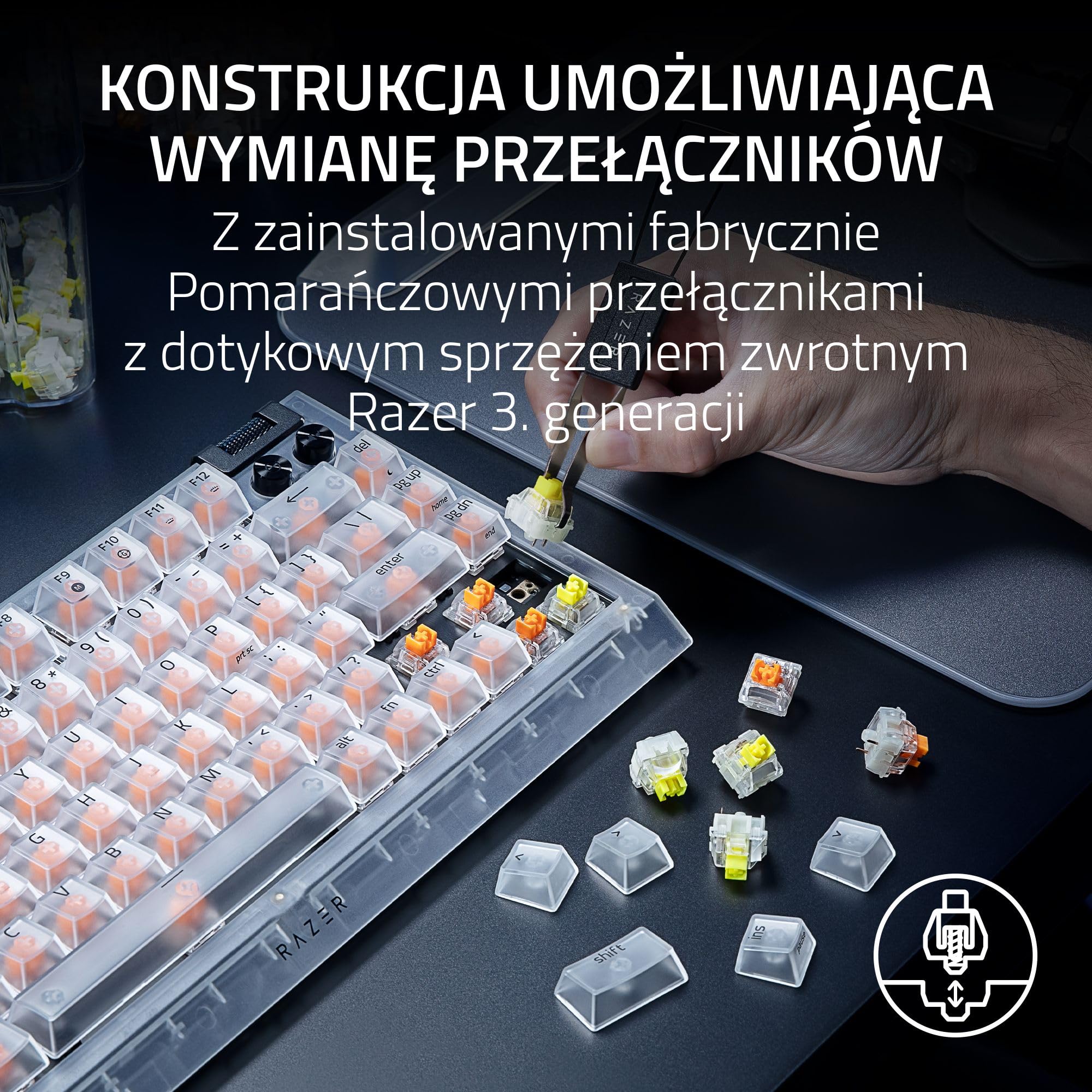Razer BlackWidow V4 75% Phantom White - mechaniczna klawiatura gamingowa z możliwością wymiany na gorąco - pomarańczowe przełączniki dotykowe - RGB - układ US | Edycja Phantom White