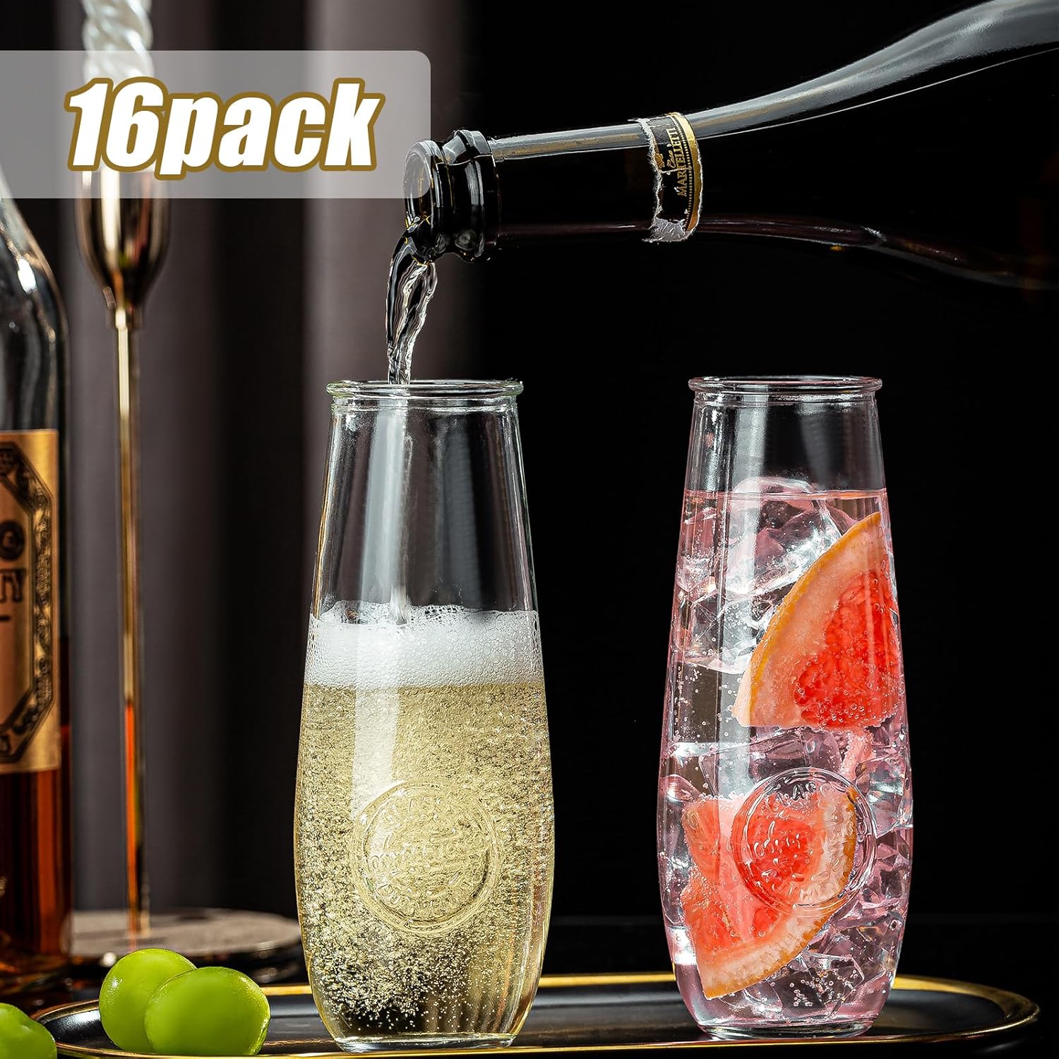 Stemless Champagne Flutes Set of 16, 10 oz Champagne Glasses, Toasting Glasses, Prosecco Mimosa Glasses, Made Of Recycled Glass, Embossed Stemless Champagne Flutes for Wedding, Party, Easter - Image 3